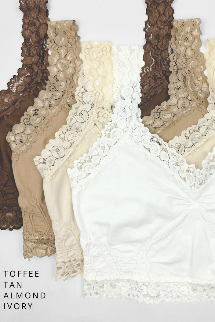 Bralettes in toffee, tan, almond, and ivory displayed to see the details.