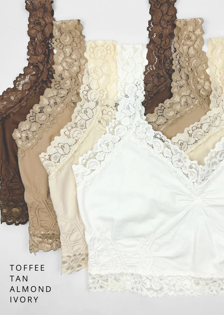 Bralettes in toffee, tan, almond, and ivory displayed to see the details.