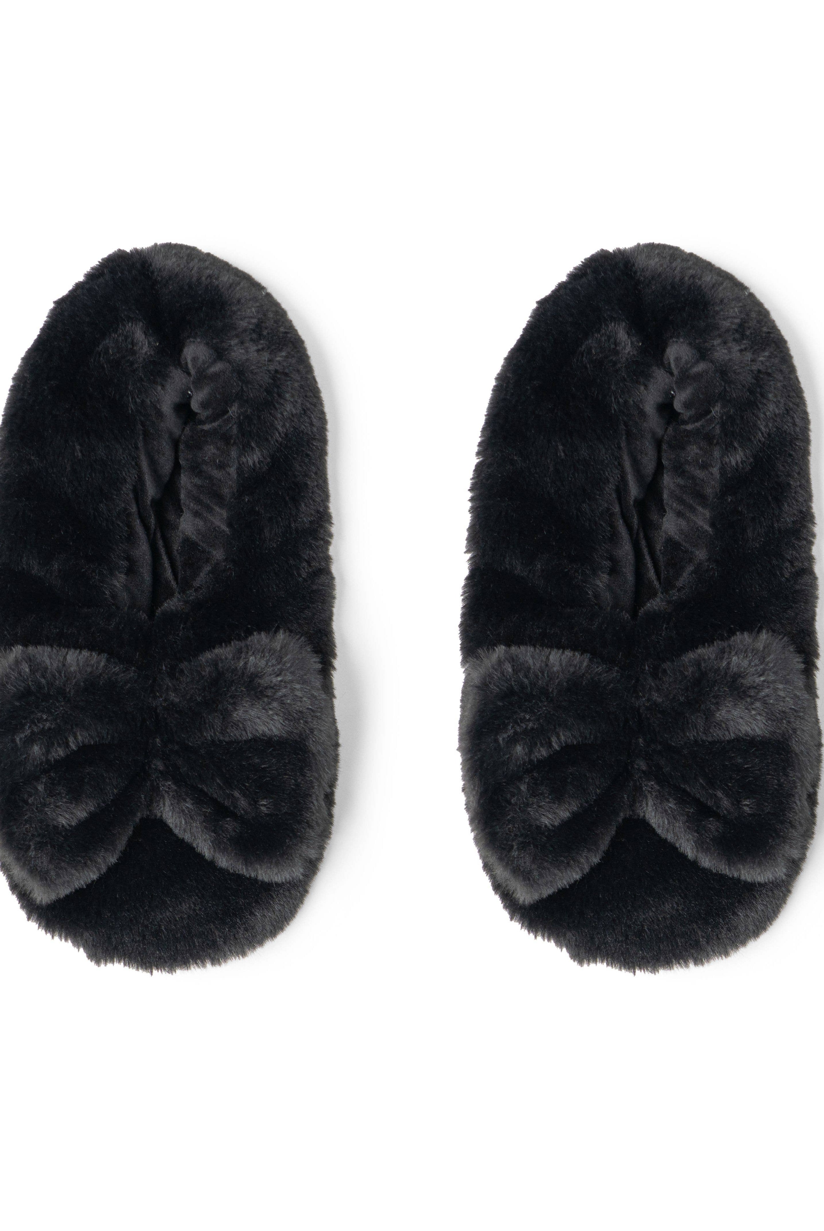 black microwavable plush heated slippers with weighted spa bead upper bow