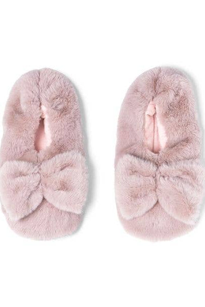 pink colored microwavable plush heated slippers with weighted spa bead upper bow