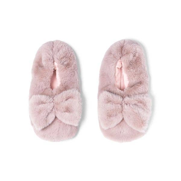 pink colored microwavable plush heated slippers with weighted spa bead upper bow