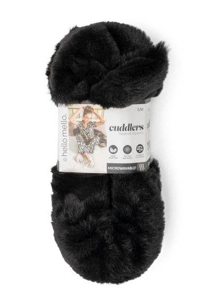 package of the black color microwavable plush heated slippers with weighted spa bead upper