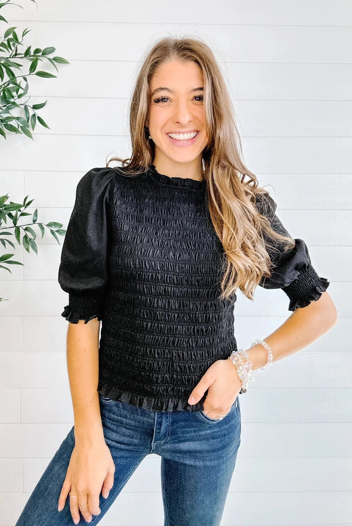 Mac and Me black 3/4 sleeve smocked top front view