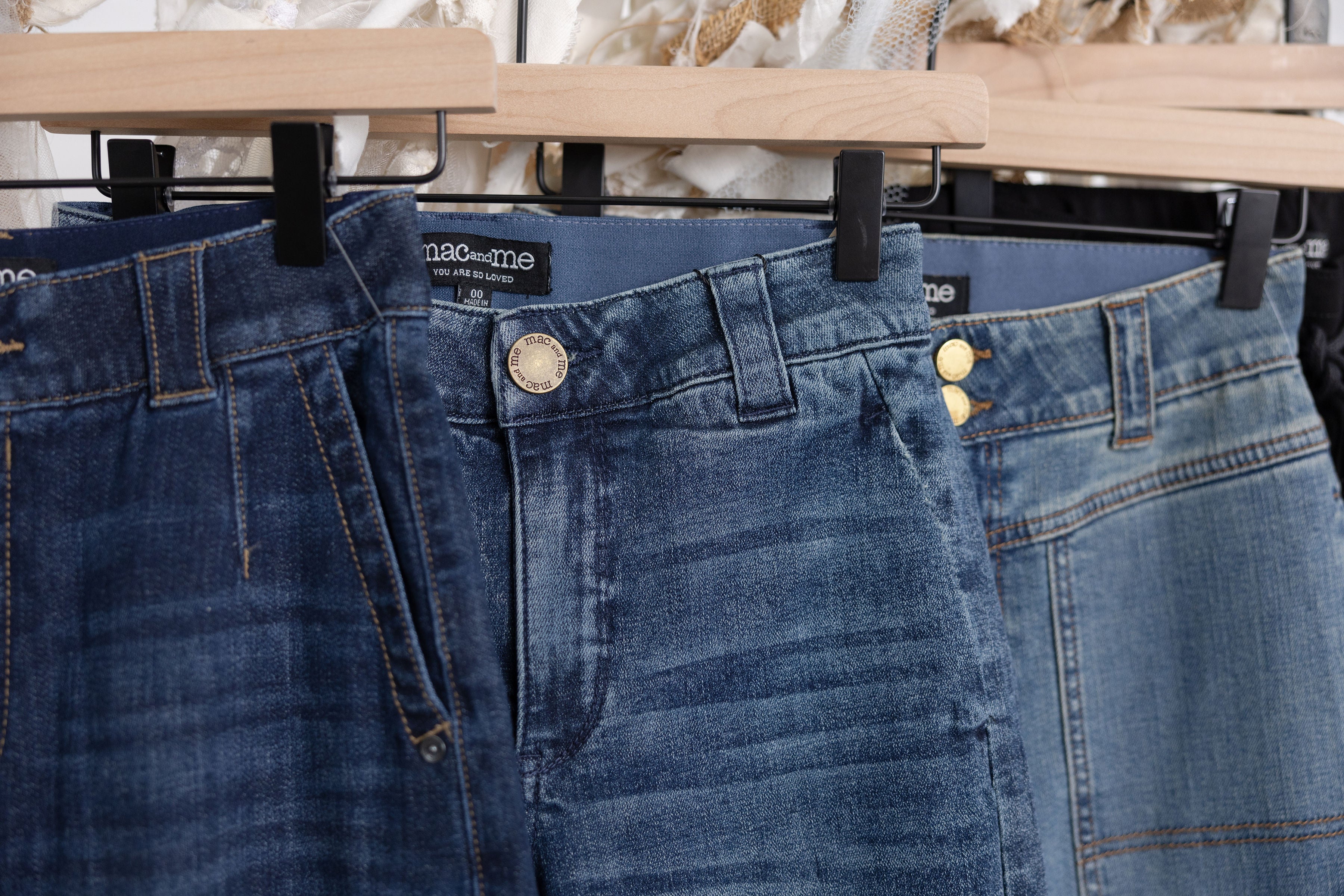 Mac and Me fall denim closeup on hanger