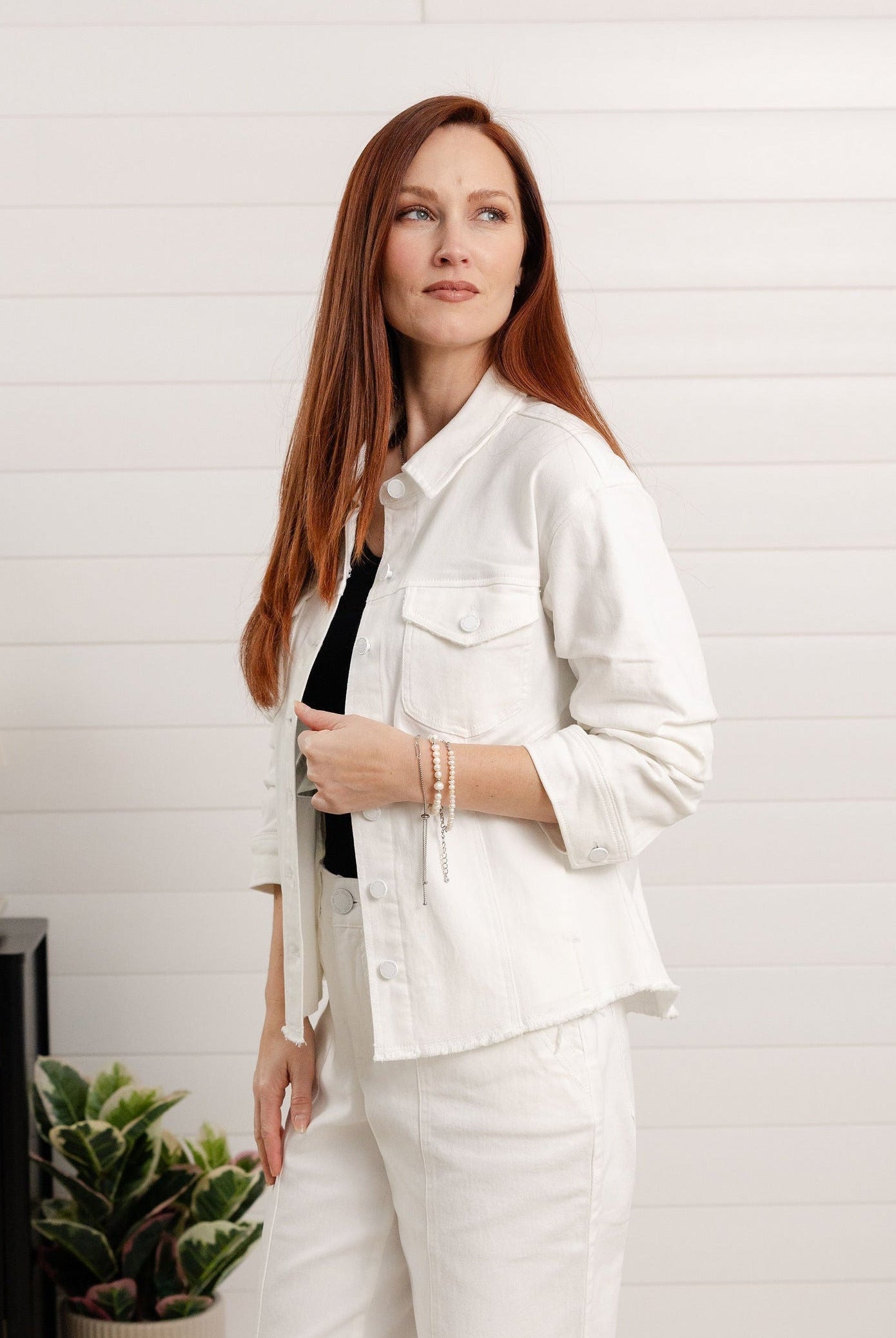 Mac and Me optic white denim jacket, side profile showing cropped fit