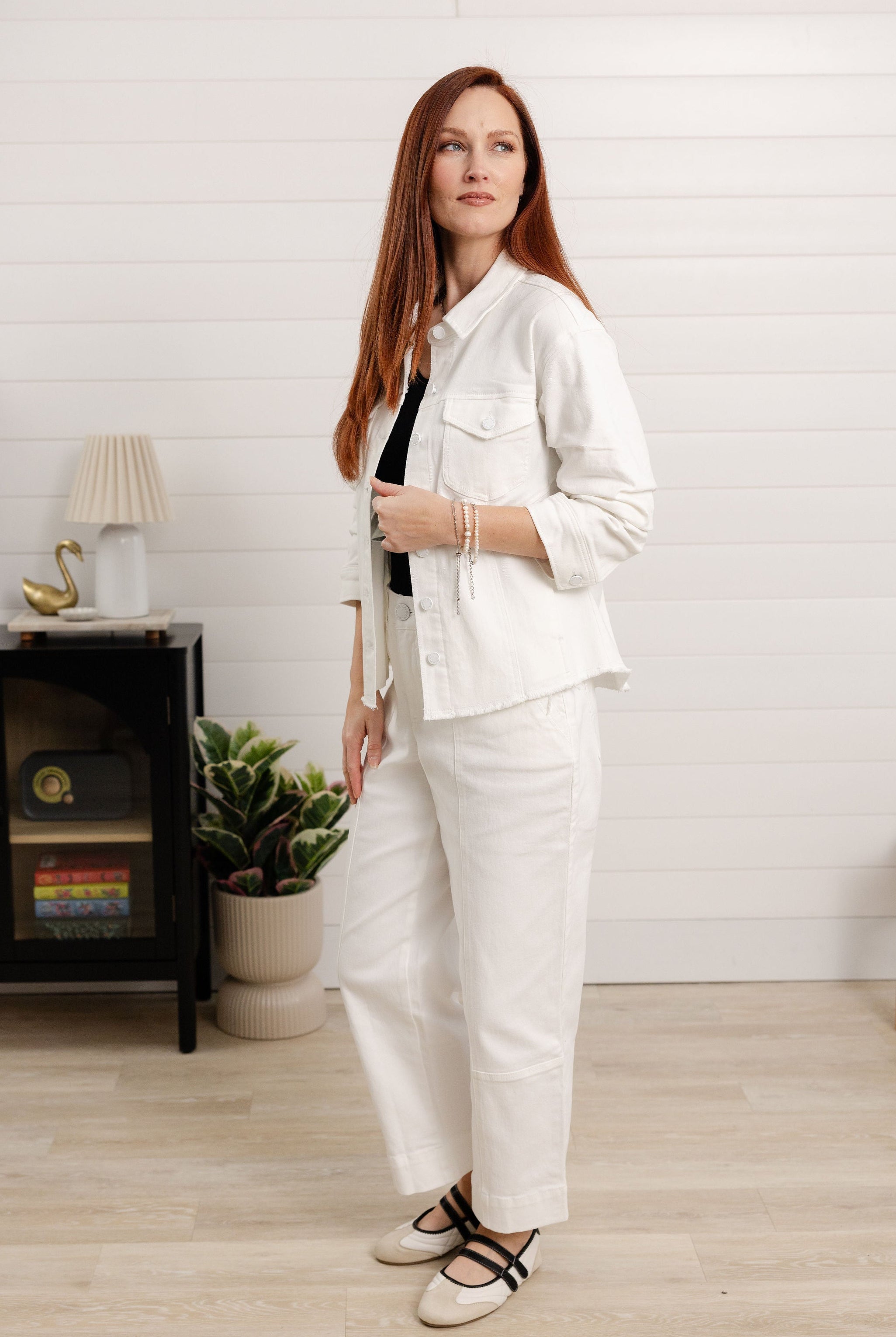 White jeans paired with Mac and Me denim jacket, complete outfit styling