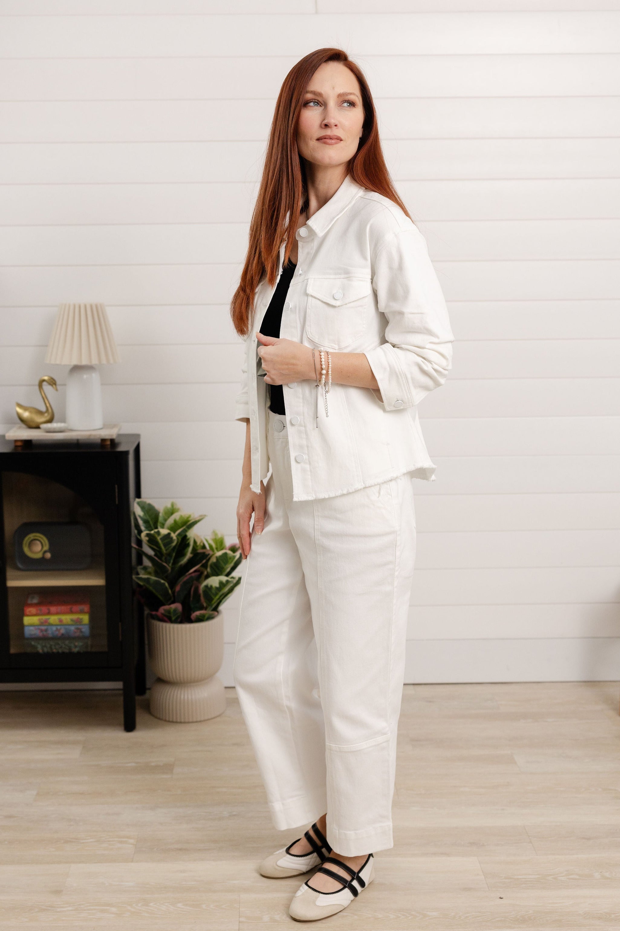 White jeans paired with Mac and Me denim jacket, complete outfit styling