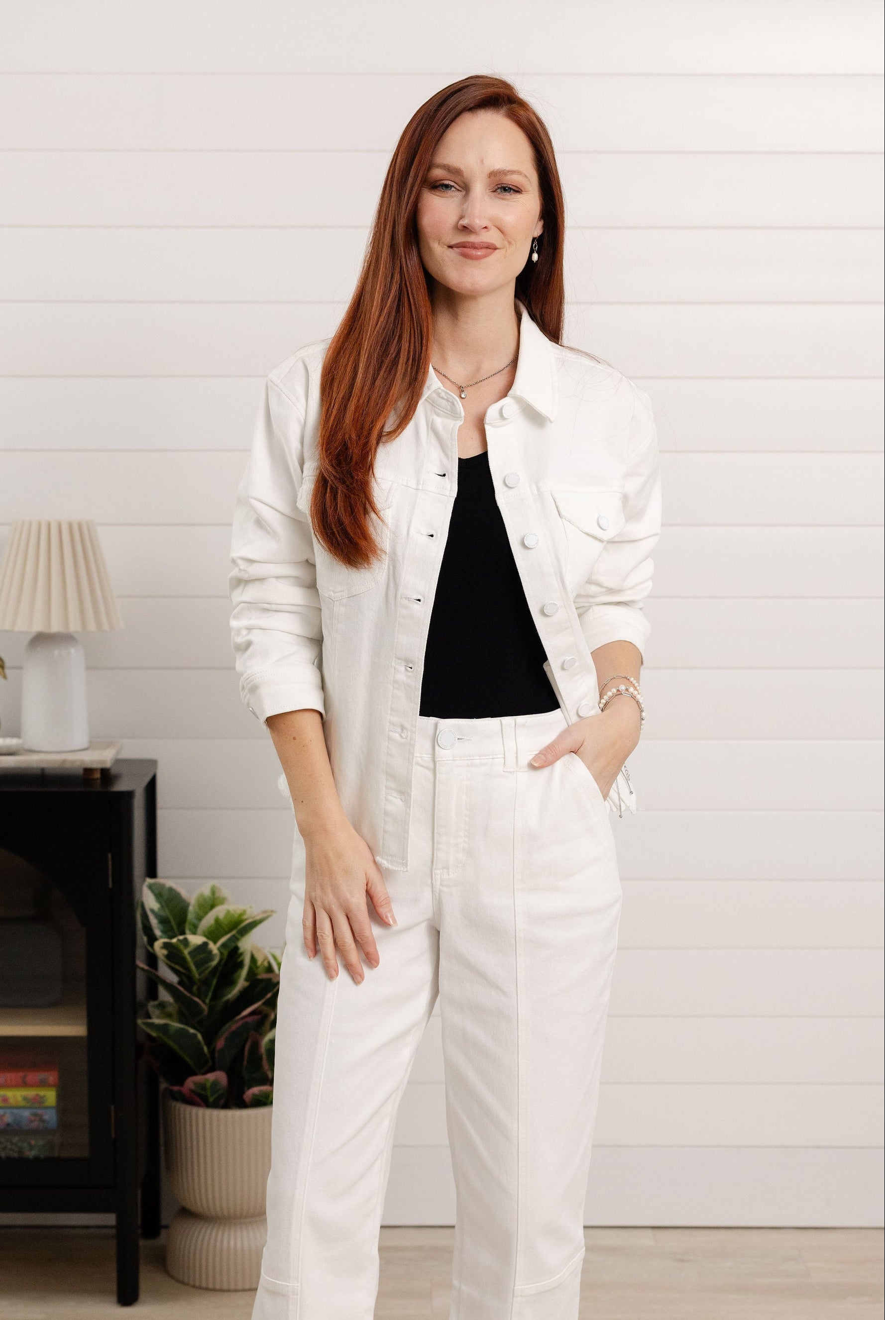 White denim jacket with ruched sleeves by Mac and Me, front view