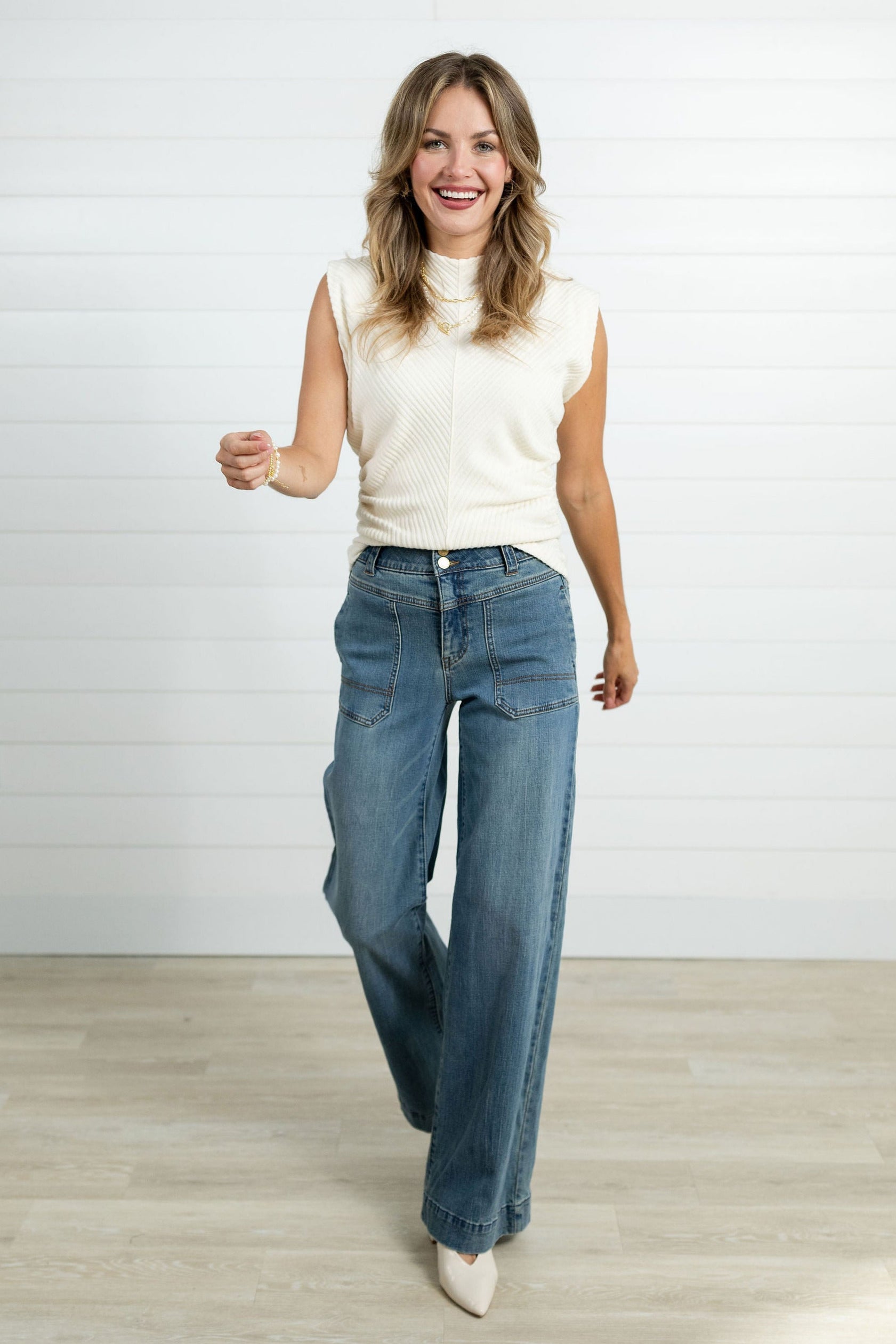 Front walking view Mac and Me Porkchop Pocket Wide Leg Jeans in medium blue