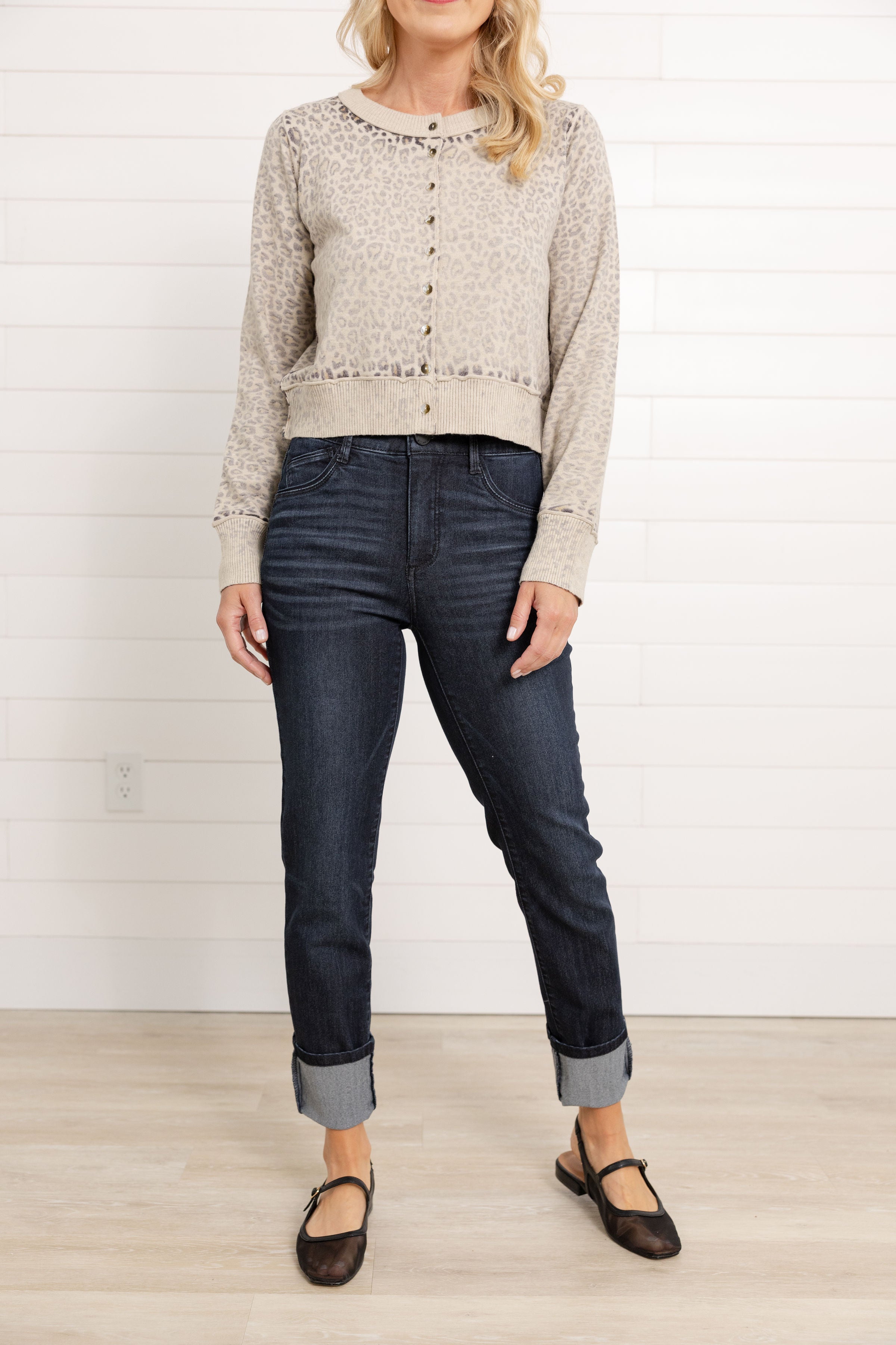 Front view Mac and Me High Rise Indigo Straight Leg Jeans clean wash with bottoms cuffed