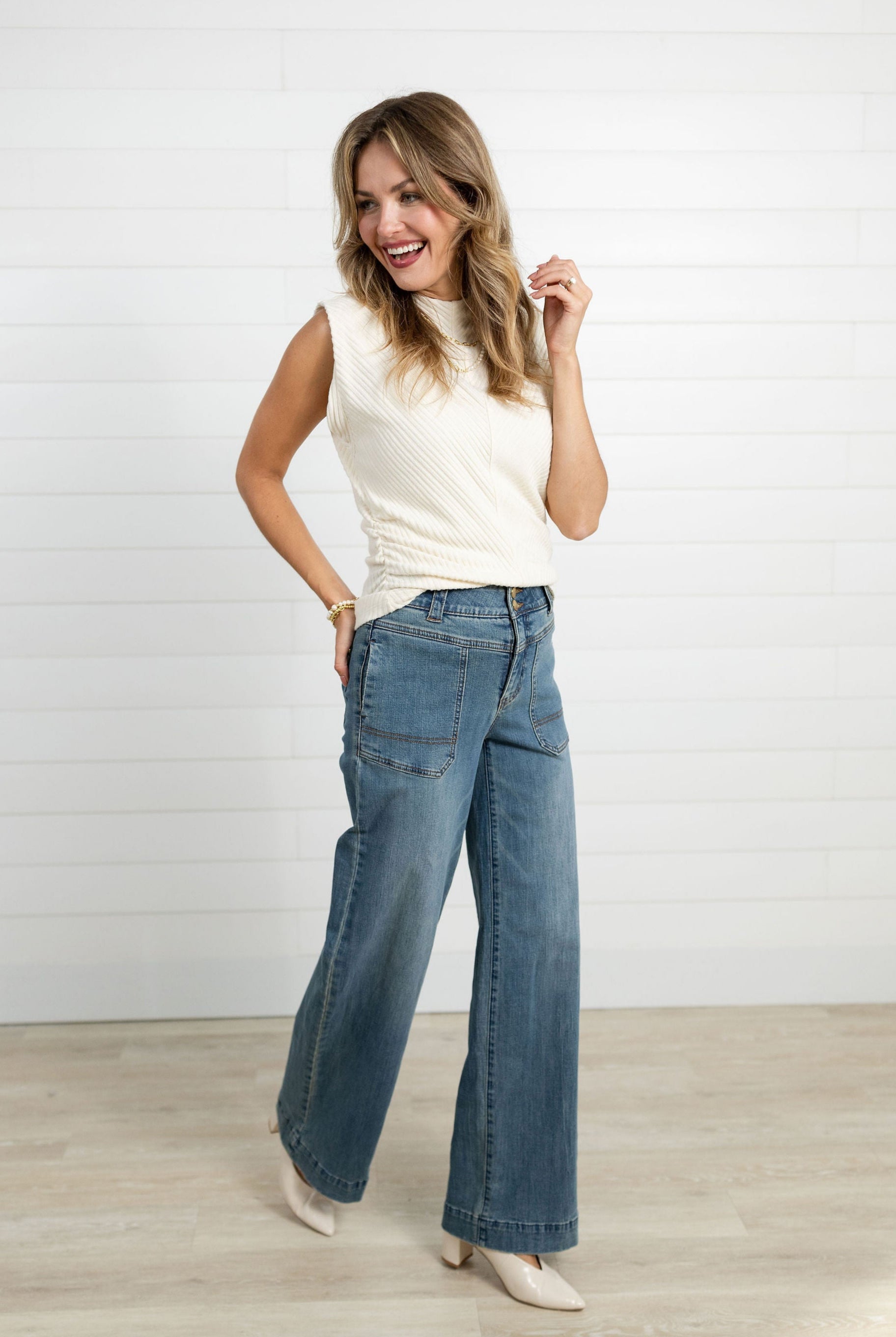 Front view Mac and Me Porkchop Pocket Wide Leg Jeans in medium blue