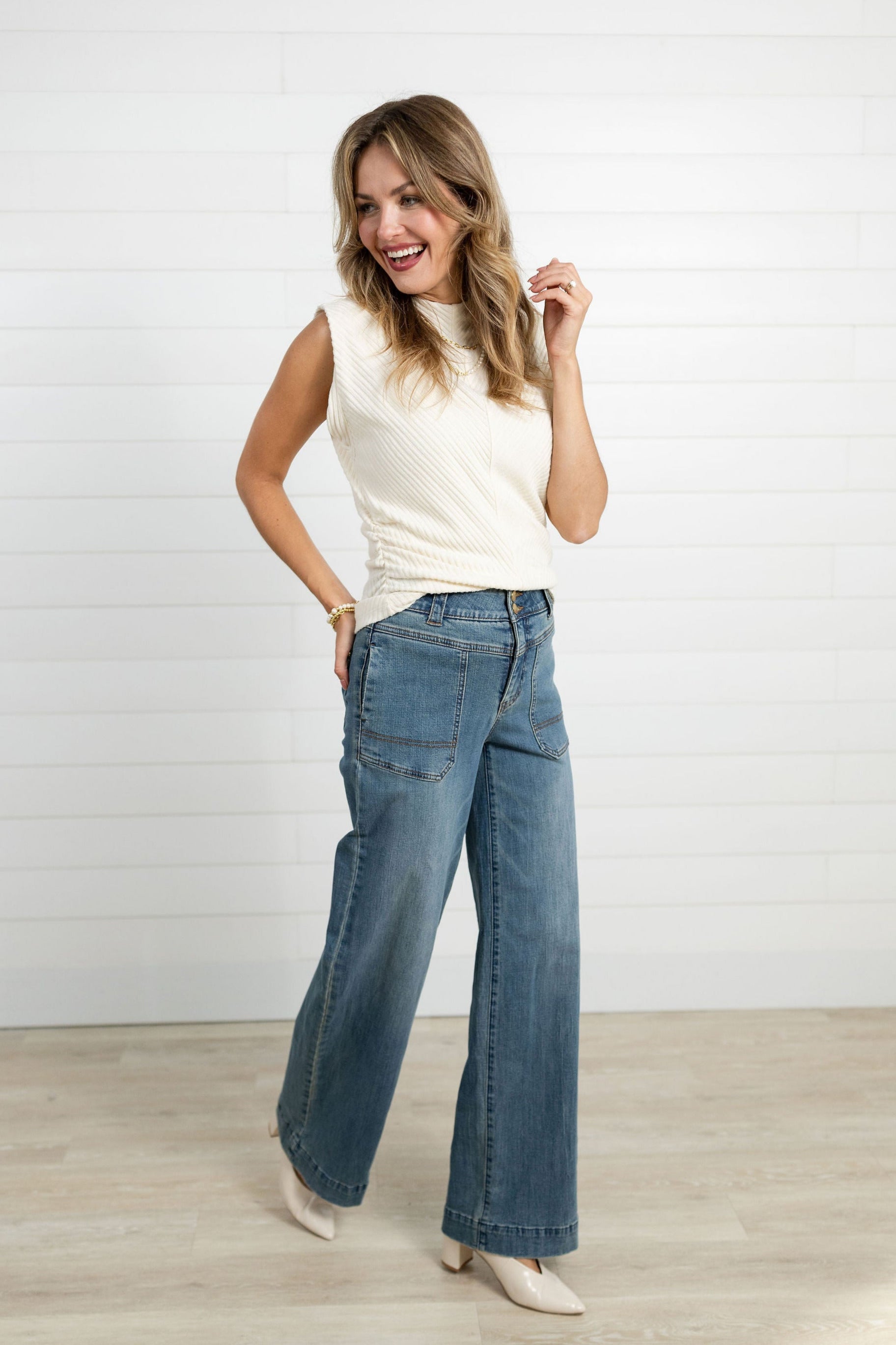 Front view Mac and Me Porkchop Pocket Wide Leg Jeans in medium blue