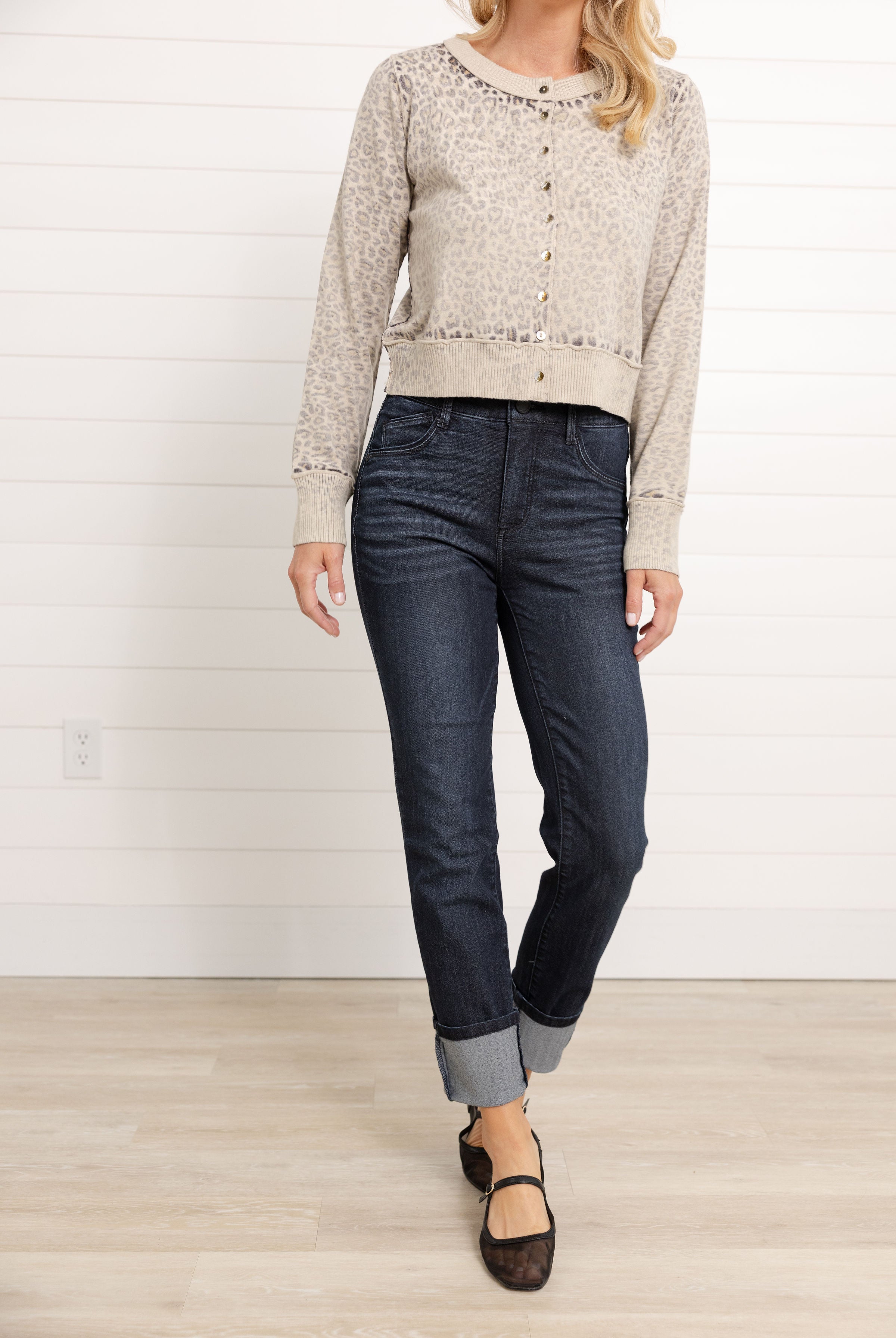 Front view Mac and Me High Rise Indigo Straight Leg Jeans clean wash cuffed