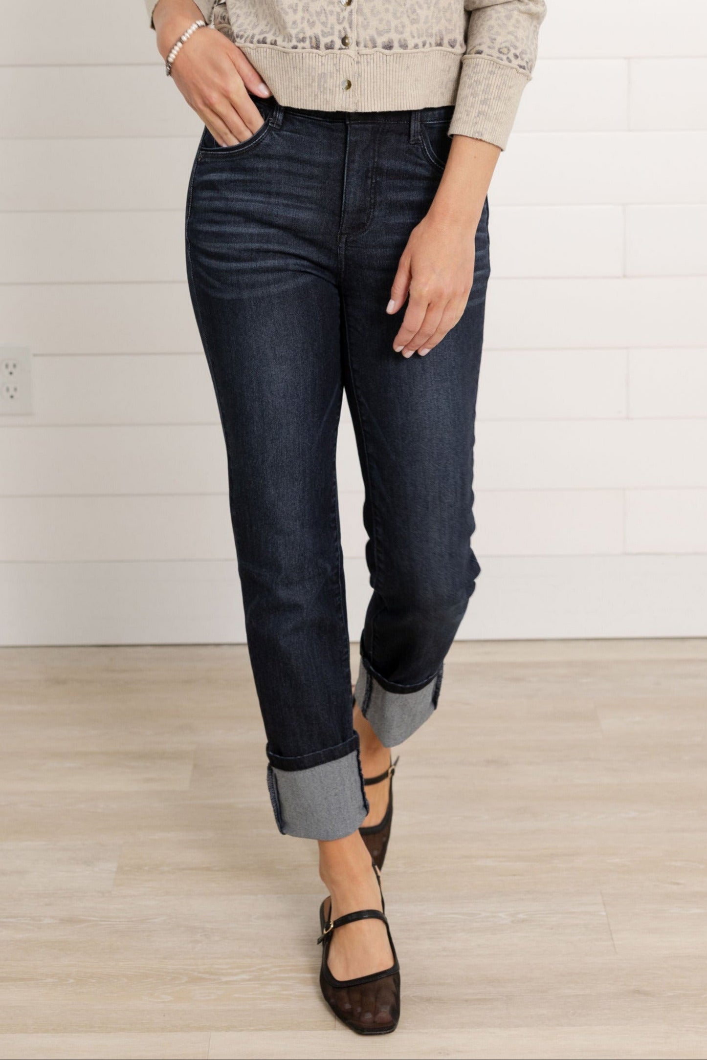 Front view walking Mac and Me High Rise Indigo Straight Leg Jeans clean wash