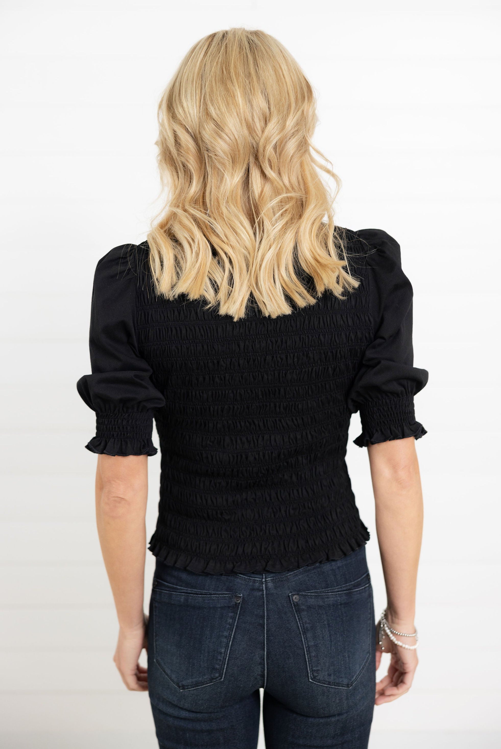 Mac and Me black 3/4 sleeve smocked top back view