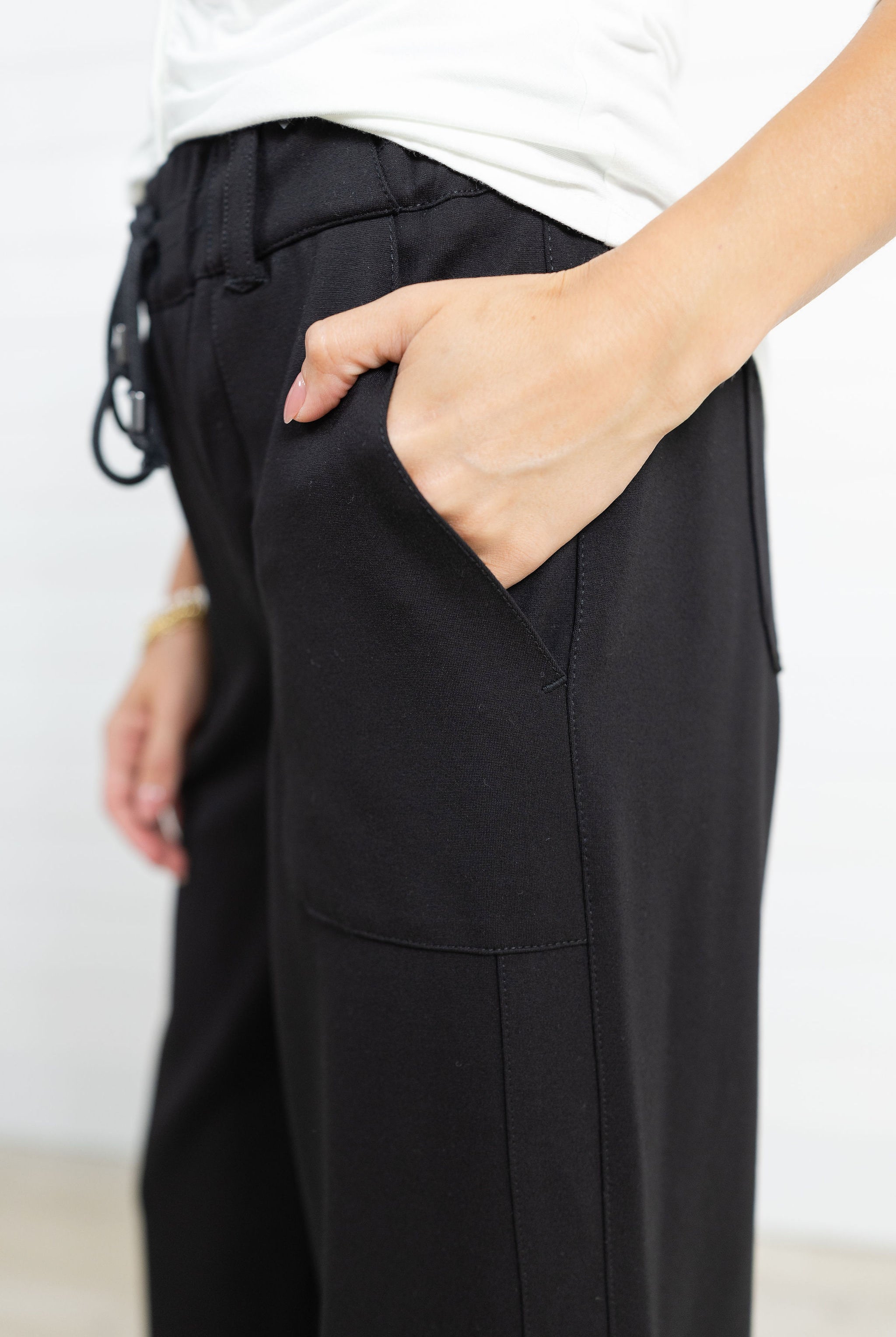 Closeup waist tie detail on Mac and Me Ponte Trouser