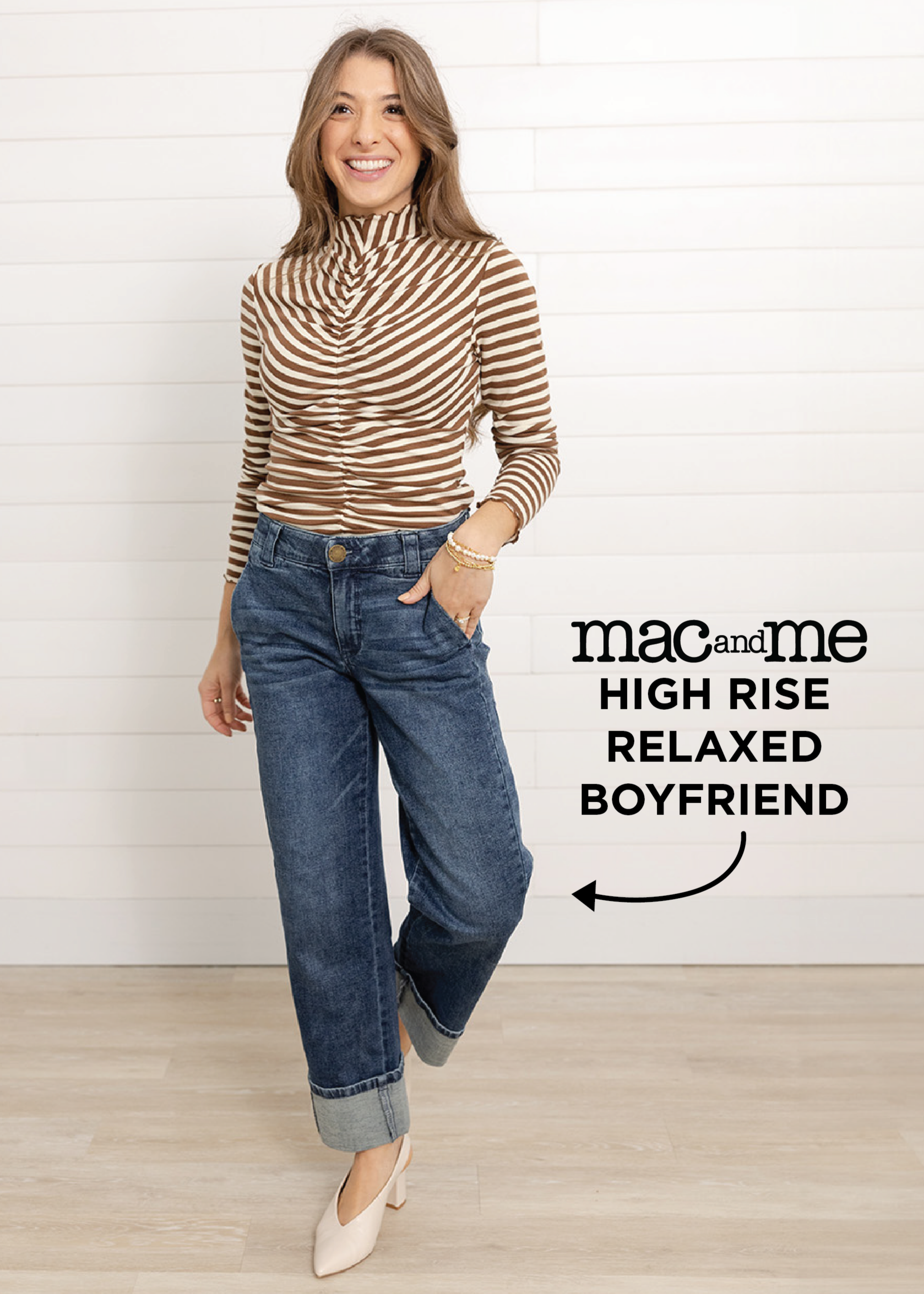 Model wearing the relaxed boyfriend jeans with a 4" cuff in the color Blue Artisinal.