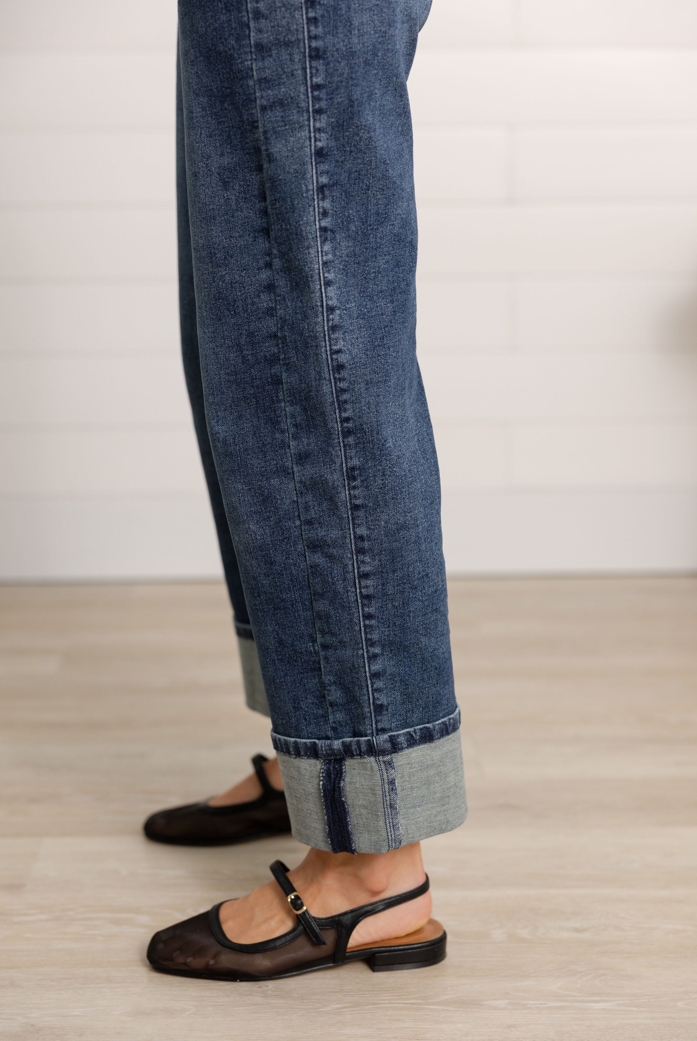 Details from the side and bottom of the Mac and Me denim. Details show the side panel and the cuffed bottoms. Finishing off the look with cute slingback mary jane mesh shoes.