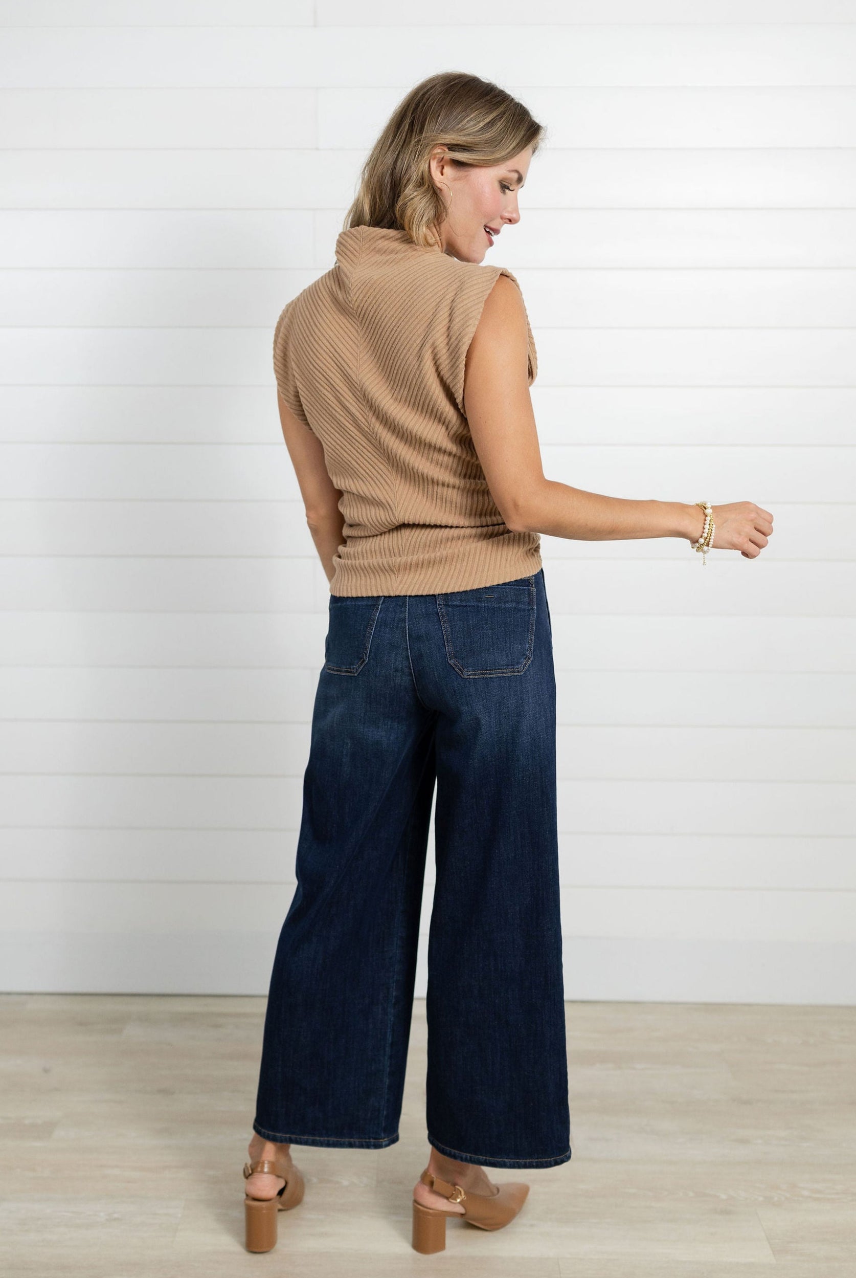 Model showing the back side of the Mac and Me Wide Leg Denim.