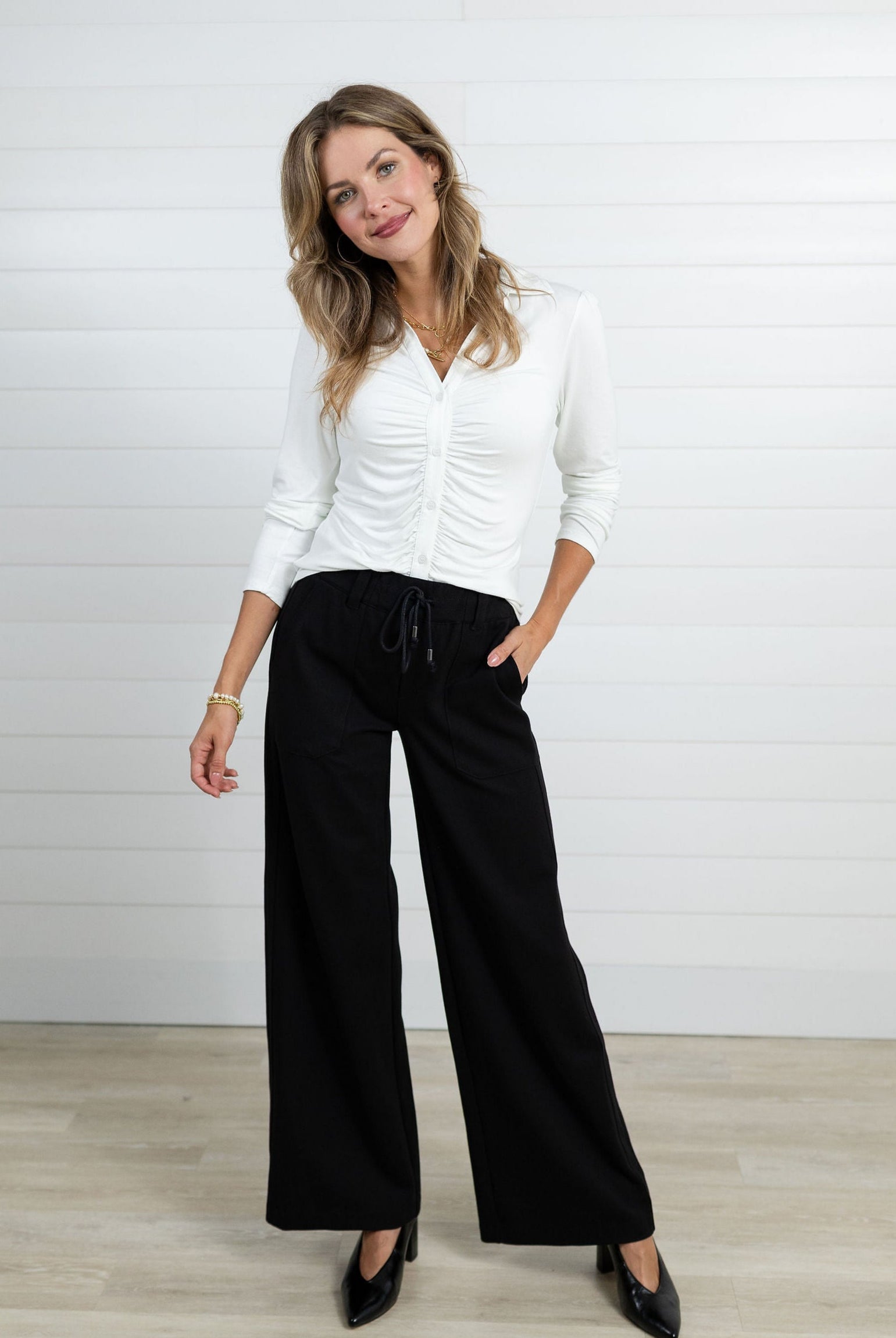 Front view Mac and Me Ponte High Rise Wide Leg Trouser pants with waist tie
