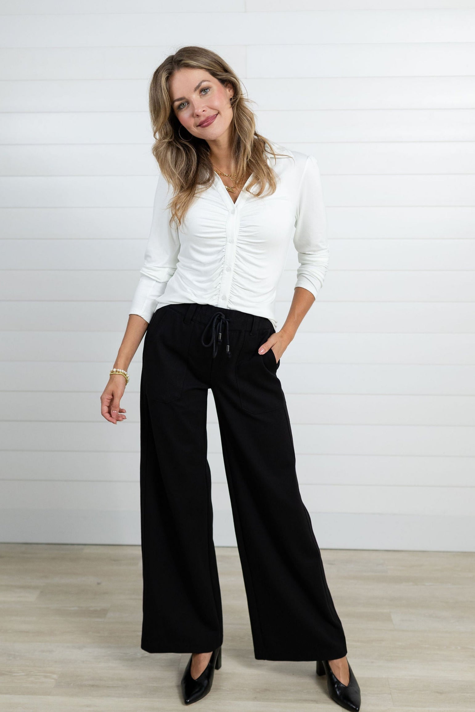 Front view Mac and Me Ponte High Rise Wide Leg Trouser pants with waist tie