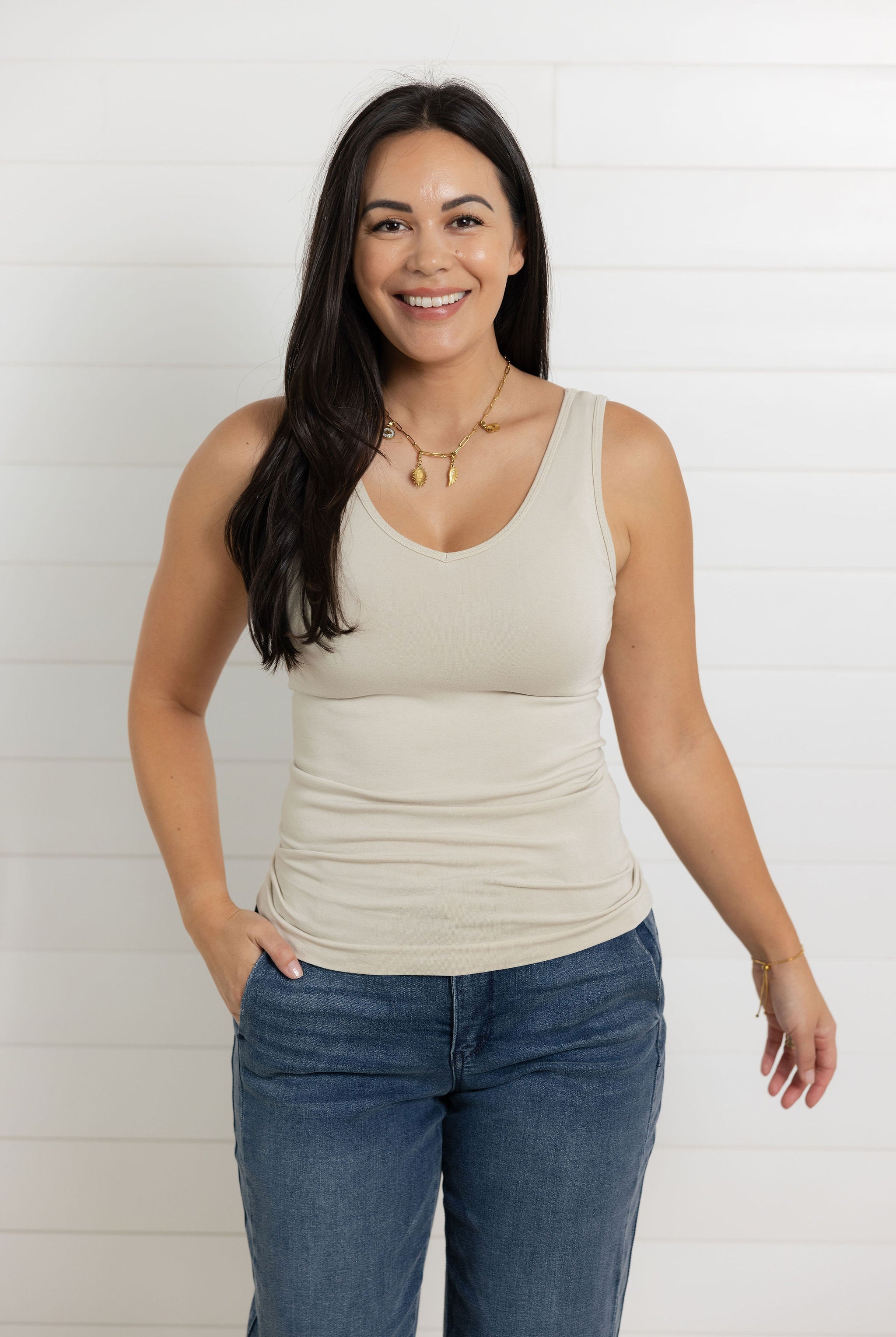 front of Mac and Me tan essential fitted tank showing the v neck side