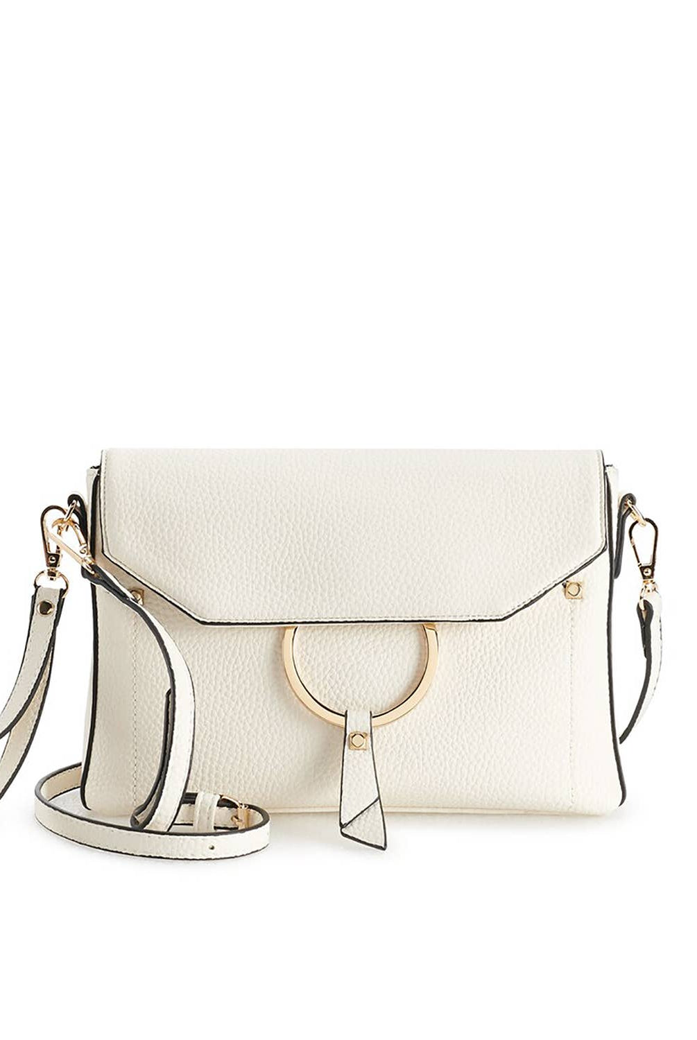Portia Crossbody in white vegan leather with champagne gold hardware — photo shows the wristlet strap included at Mainstream Boutique Bloomington