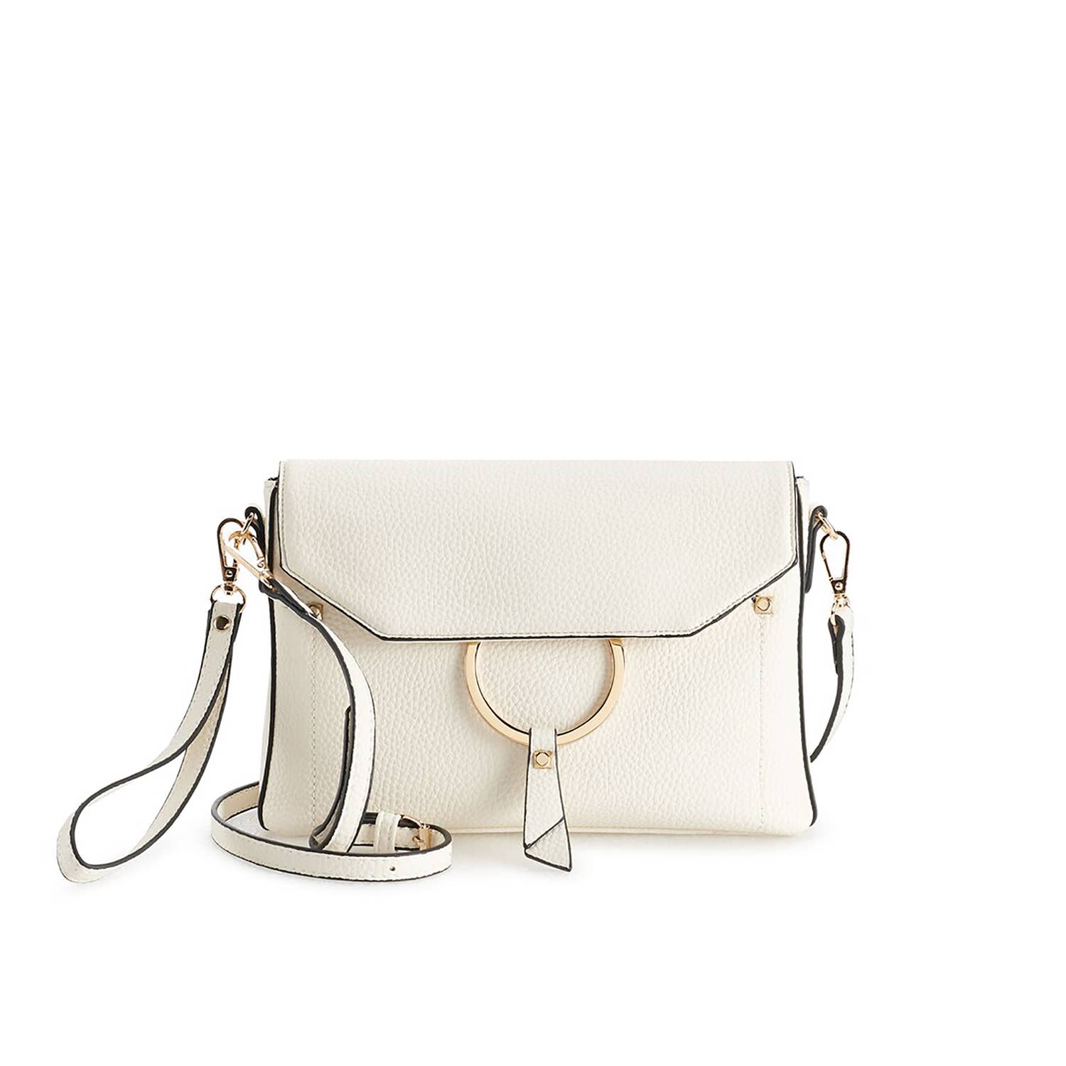 Portia Crossbody in white vegan leather with champagne gold hardware — photo shows the wristlet strap included at Mainstream Boutique Bloomington