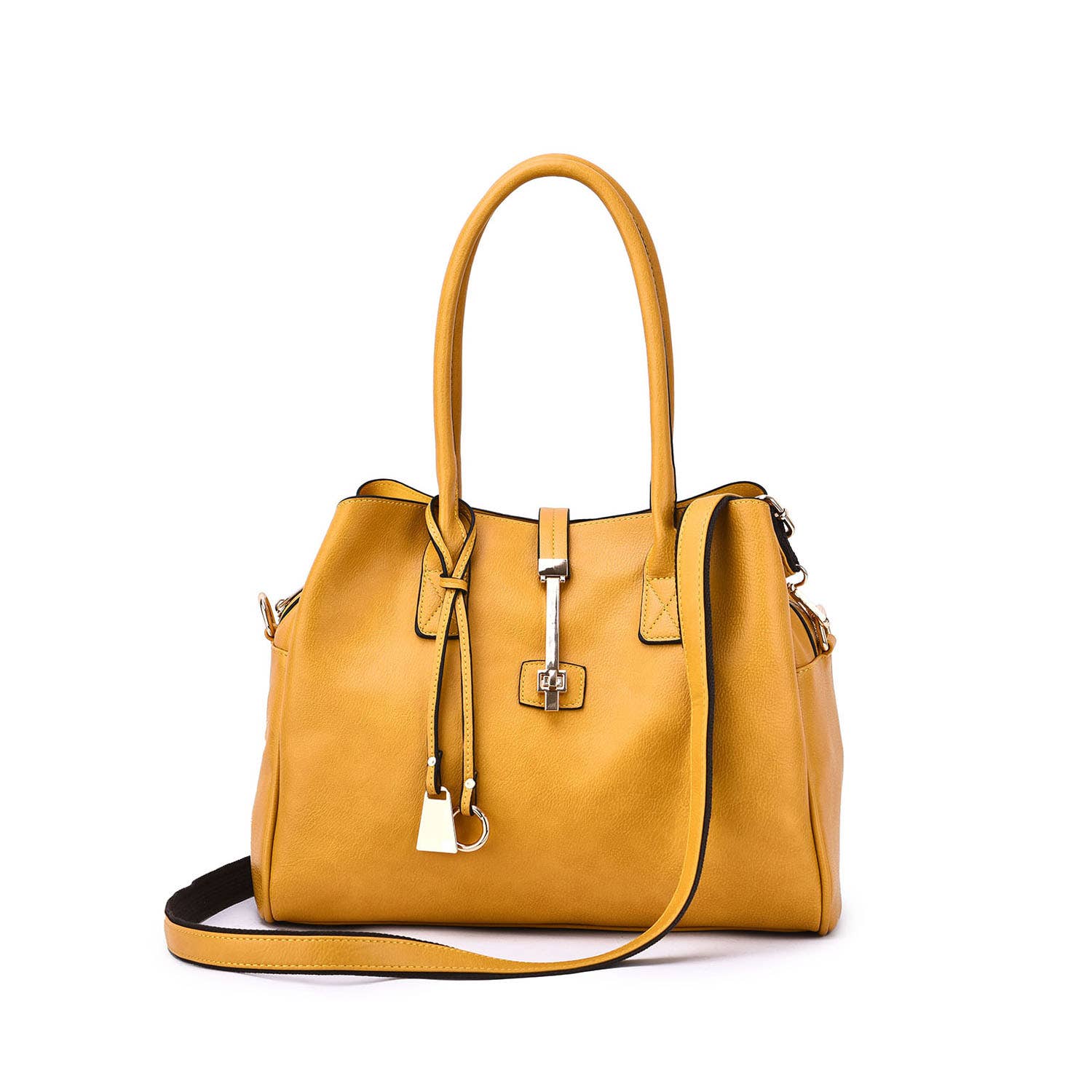 Showing the front side of the structured 3 Compartment Satchel in the color mustard.