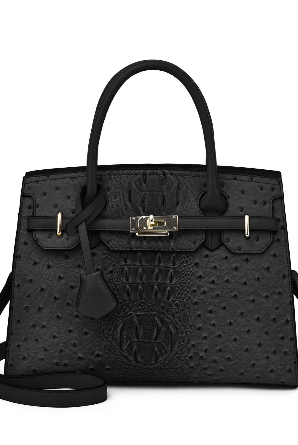 Virginia Ostrich Embossed Vegan Leather Satchel with Removable Strap in the color black.