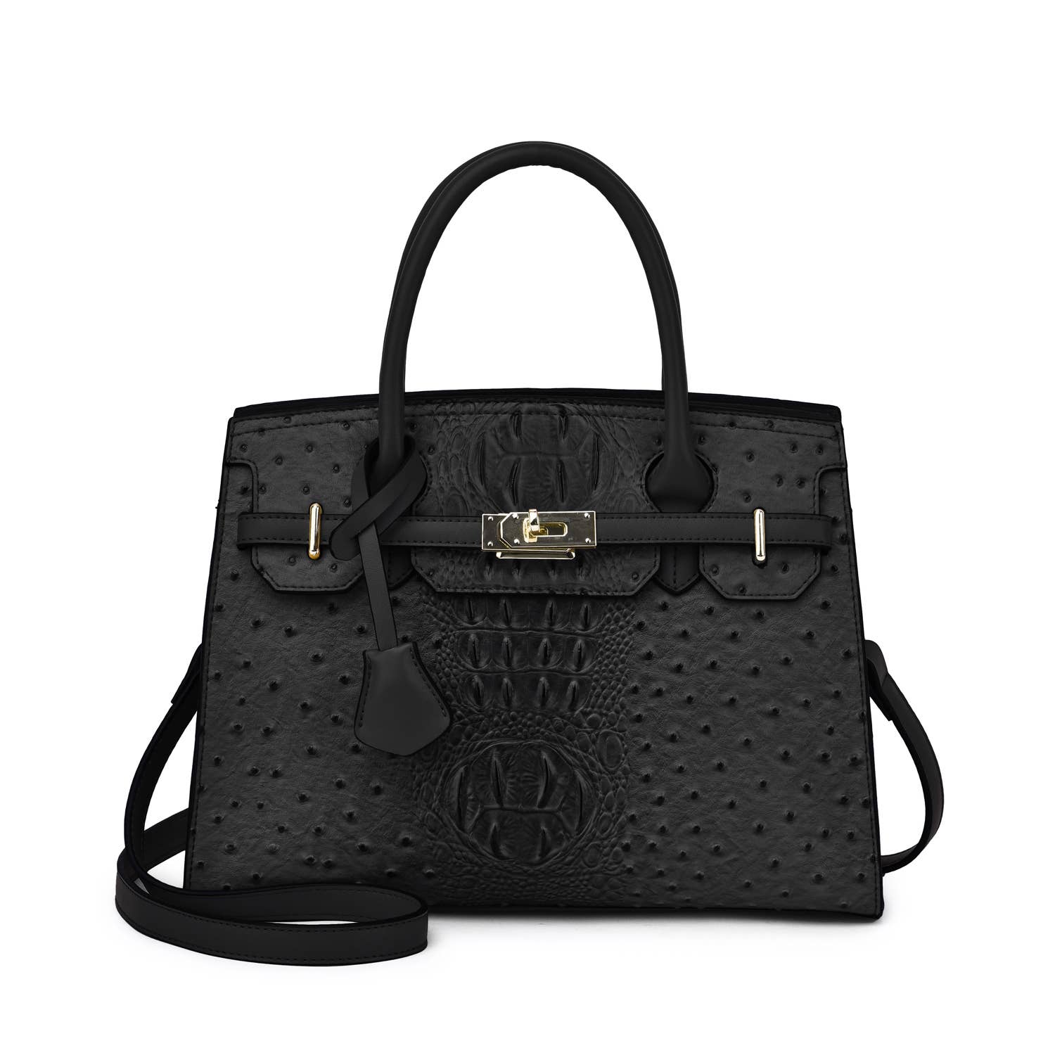 Virginia Ostrich Embossed Vegan Leather Satchel with Removable Strap in the color black.