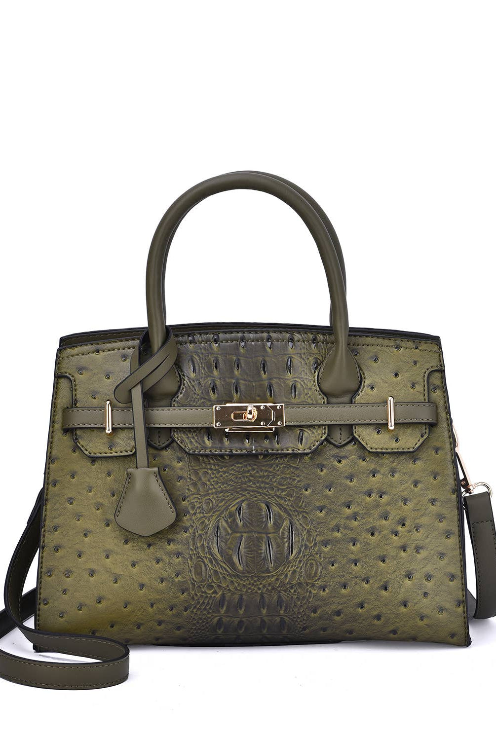 Our Virginia Ostrich Embossed Vegan Leather Satchel with Removable Strap in the color Olive.
