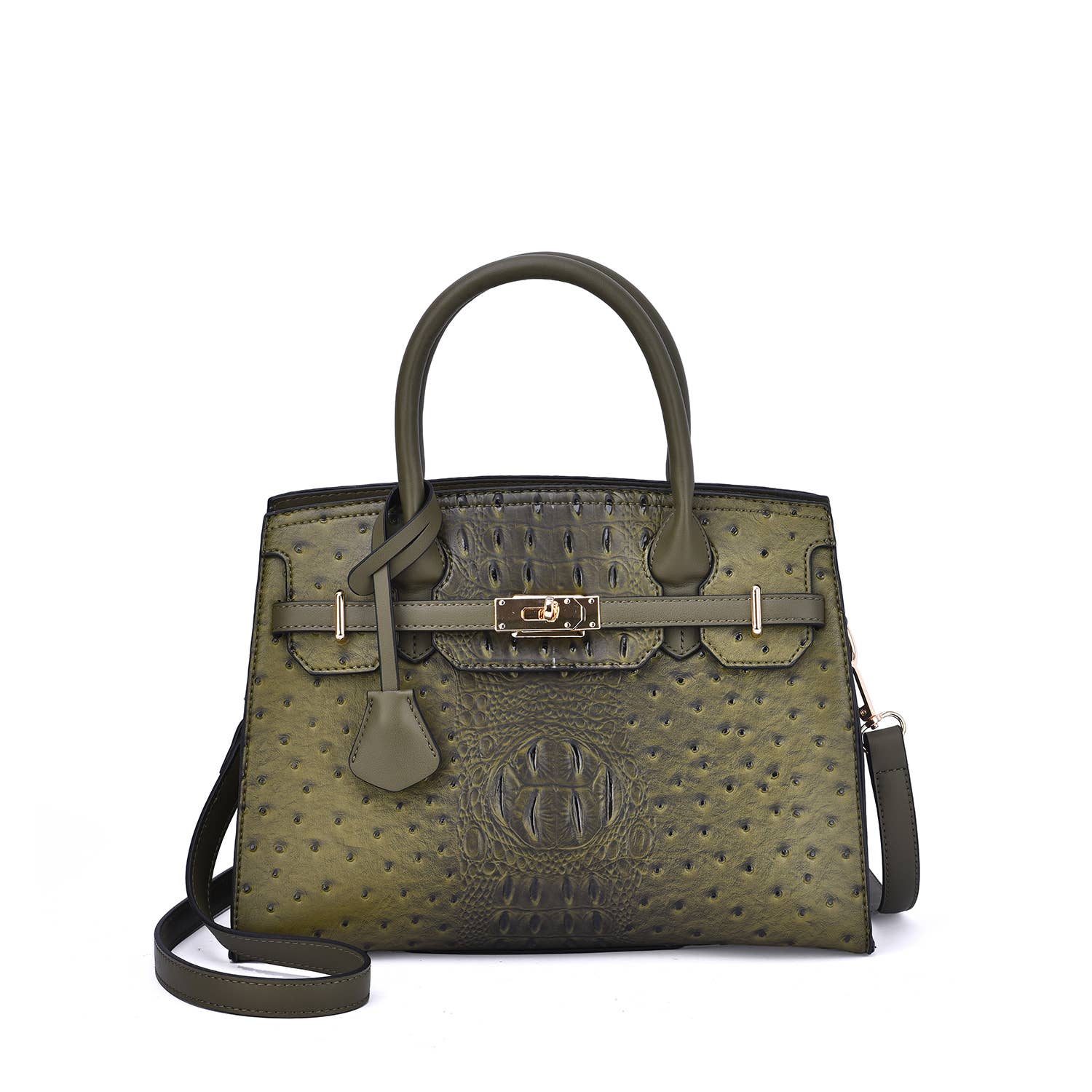 Our Virginia Ostrich Embossed Vegan Leather Satchel with Removable Strap in the color Olive.