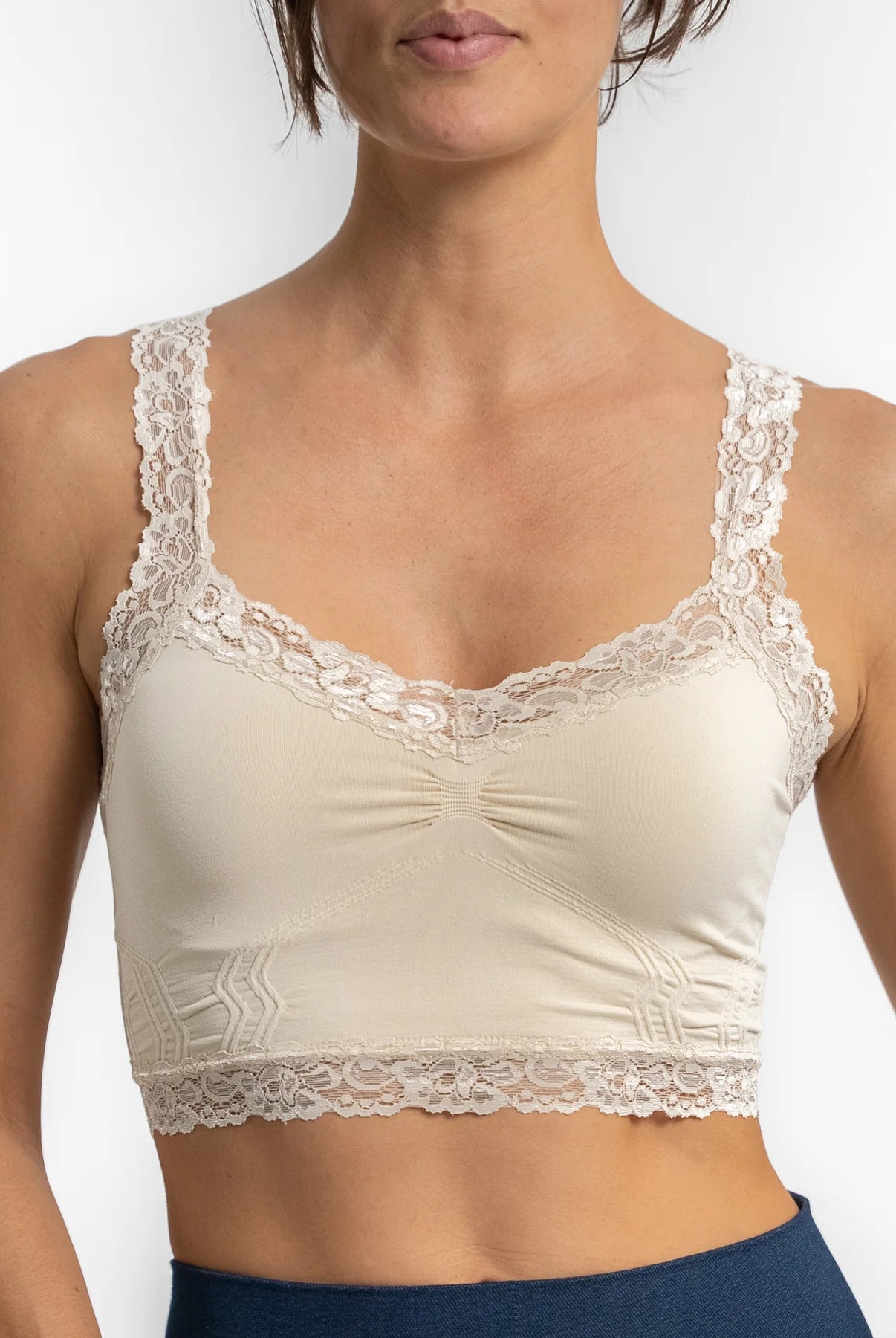 front of the almond bralette with lace edging
