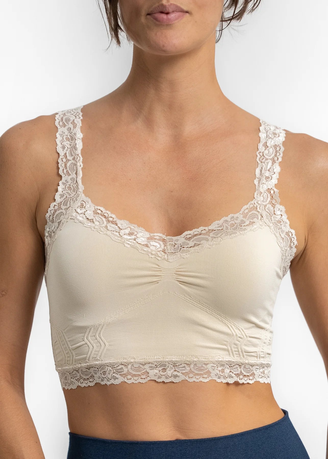 front of the almond bralette with lace edging