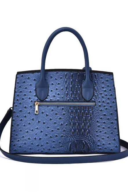 back side of Virginia ostrich-embossed vegan leather satchel in navy with croc texture and structured top-handle design