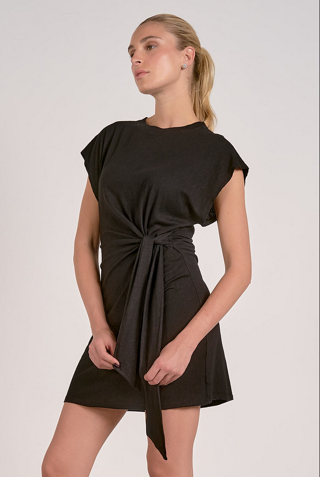 simple black dress with flattering waist tie and relaxed fit