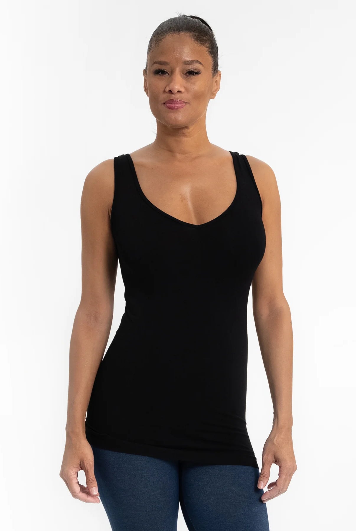 black reversible v-neck scoop neck tank front view