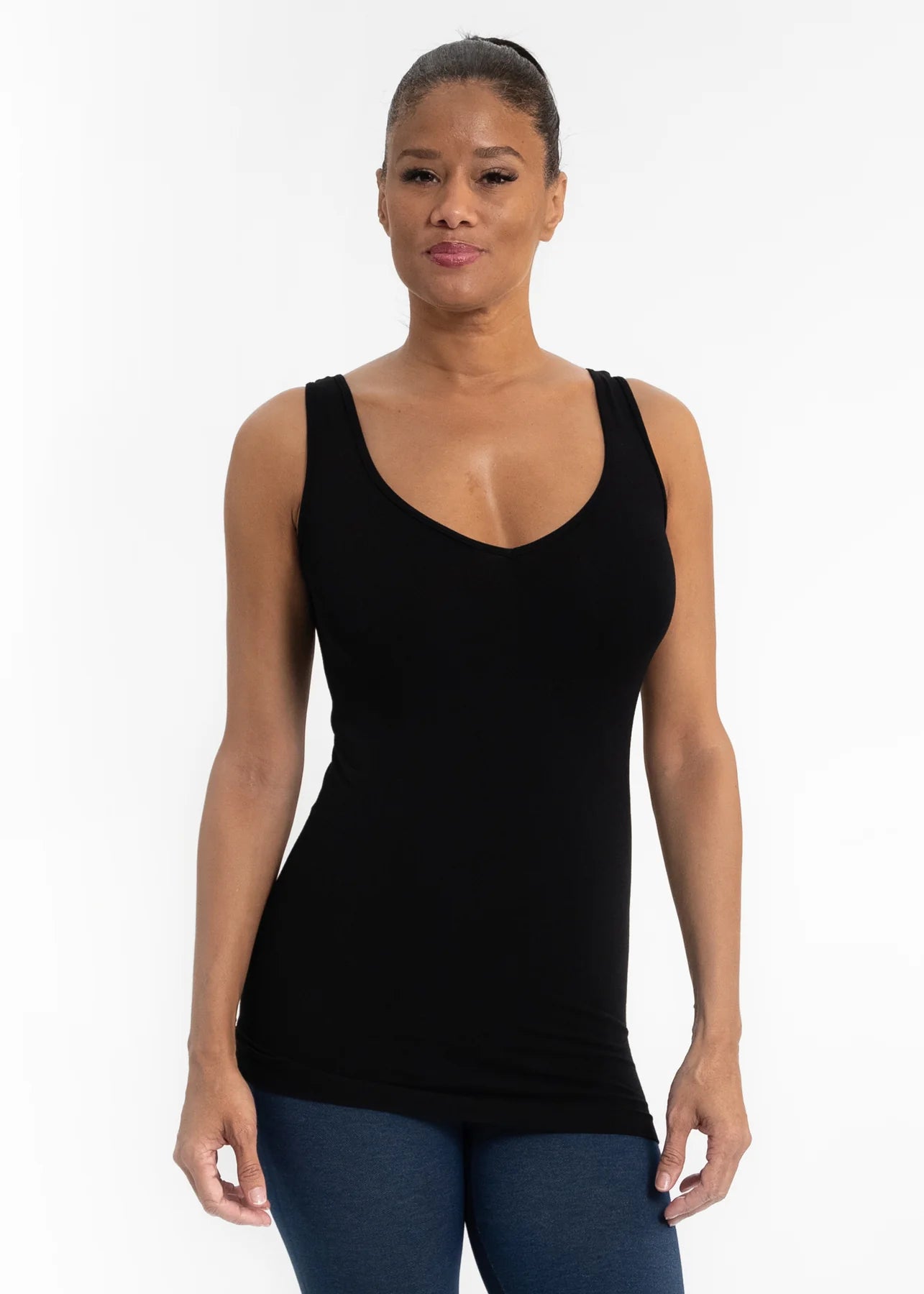 black reversible v-neck scoop neck tank front view