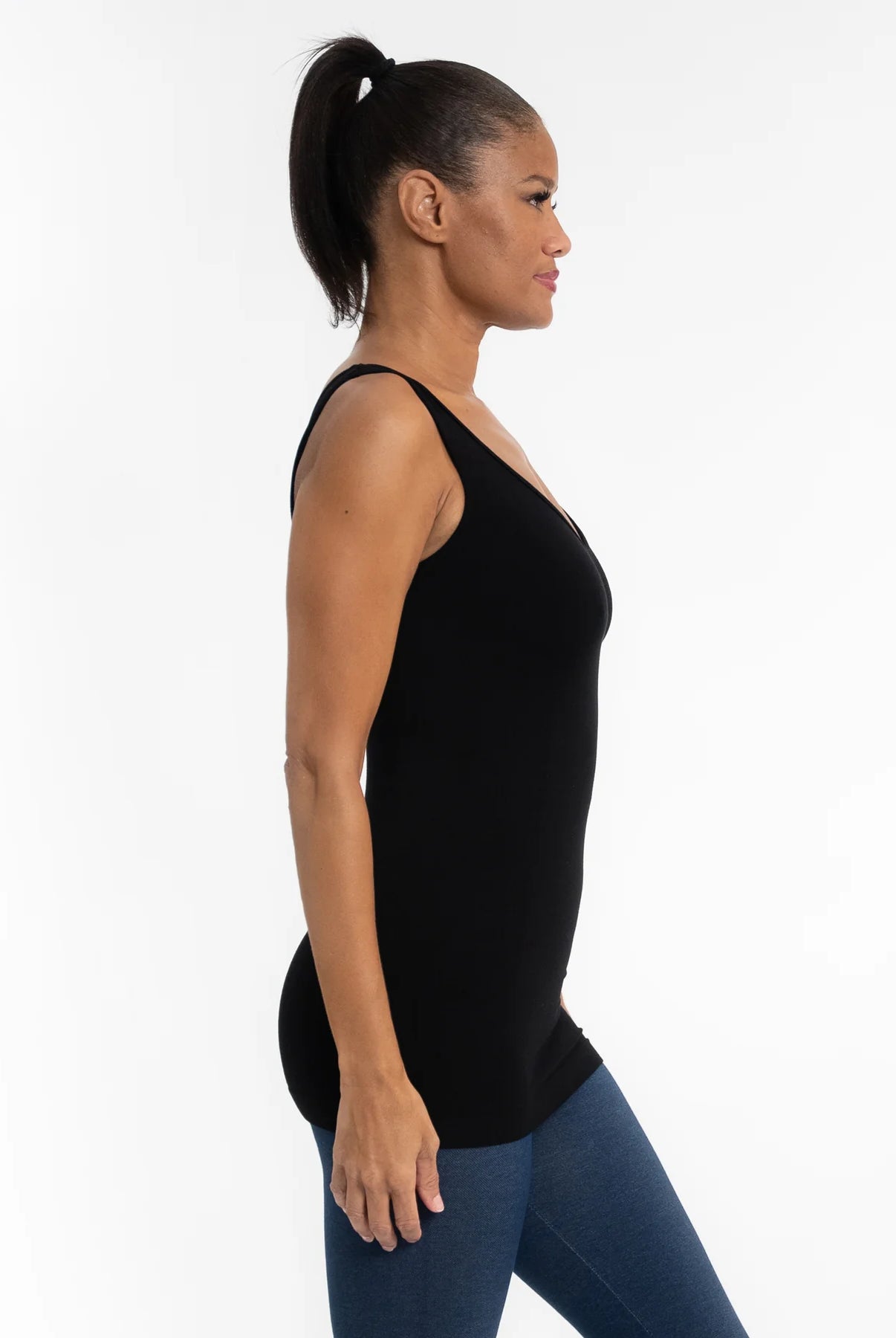 black reversible v-neck scoop neck tank side view