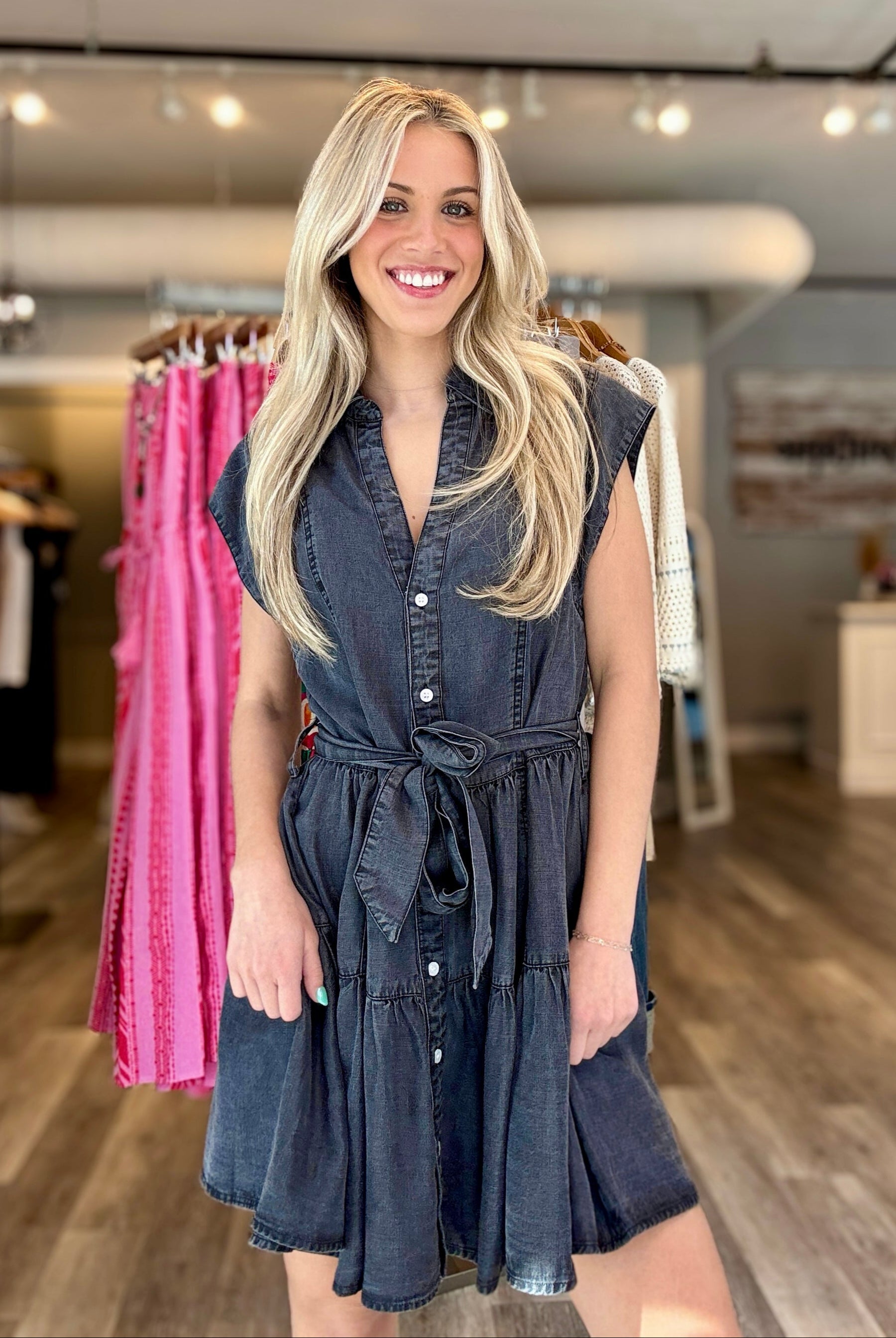 Black washed denim dress with tie waist in Mainstream Boutique Bloomington