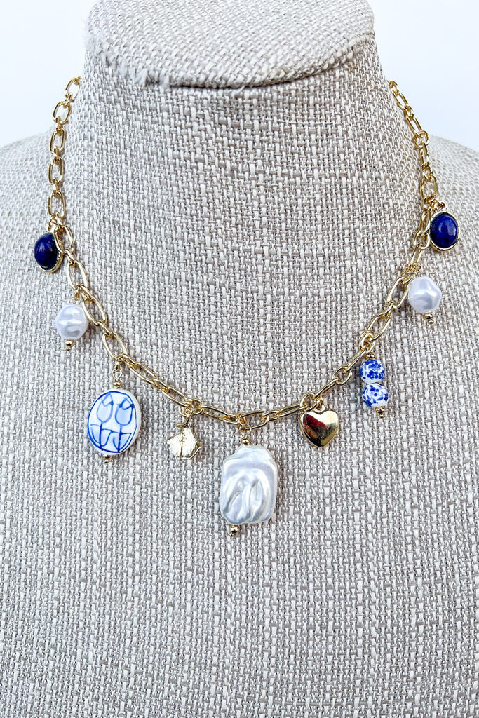 Vintage inspired blue and white porcelain charm necklace