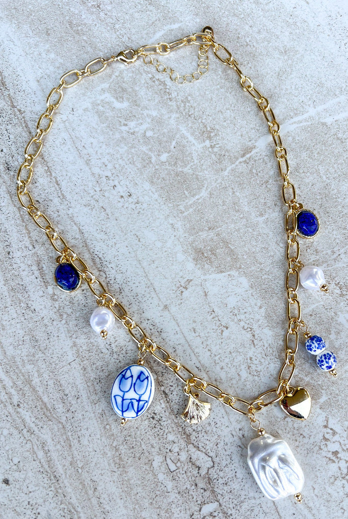Vintage inspired blue and white porcelain charm necklace