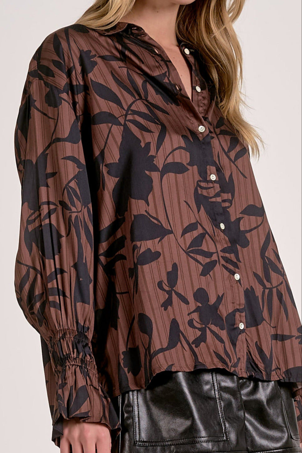 details on foliage print blouse