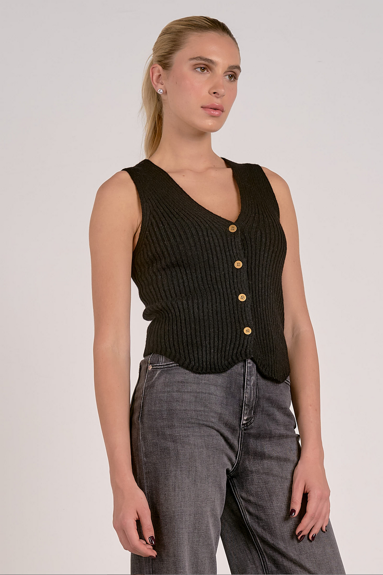 Side view of stretchy ribbed knit sweater vest