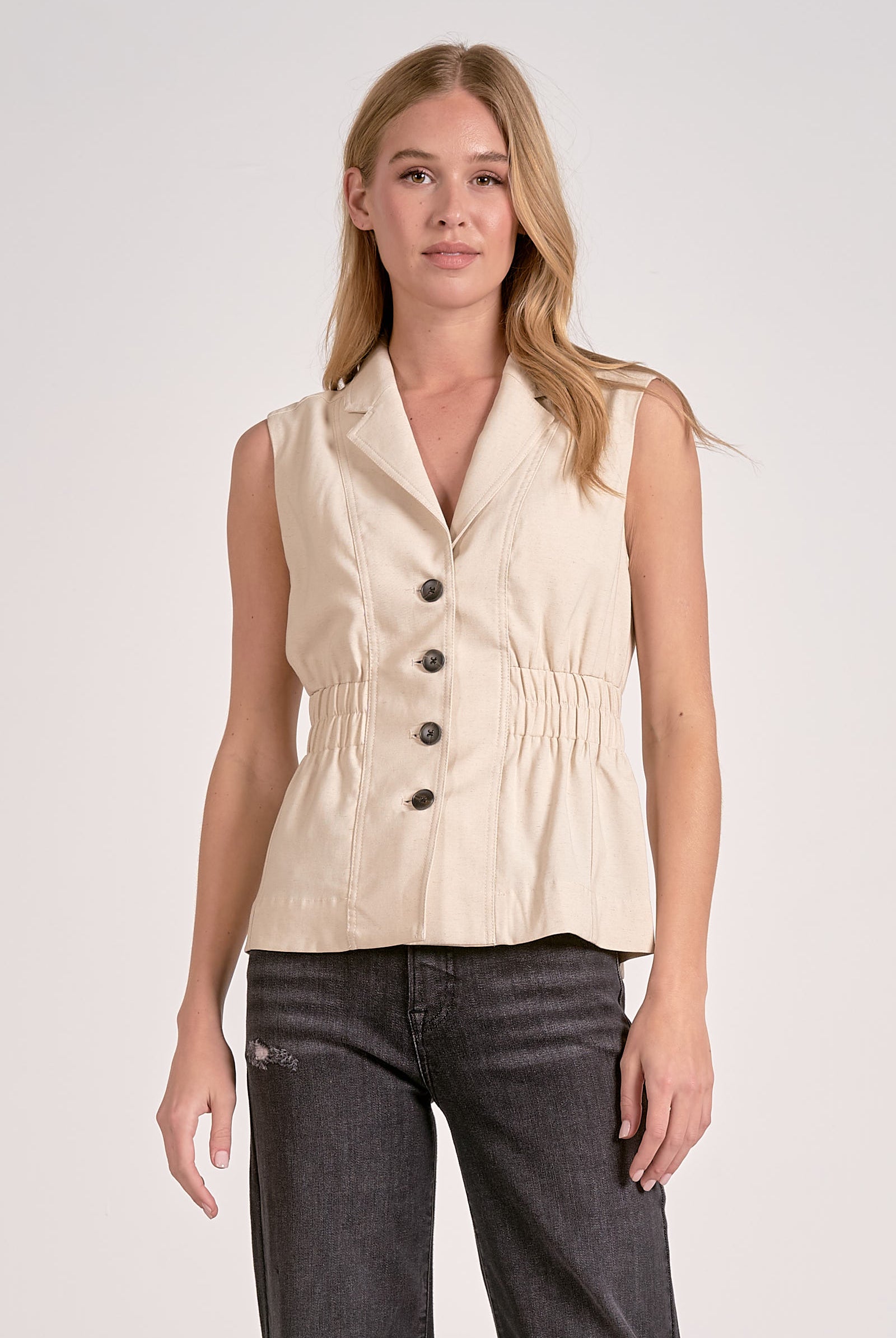 Natural linen blend vest with cinched waist and peplum, front view
