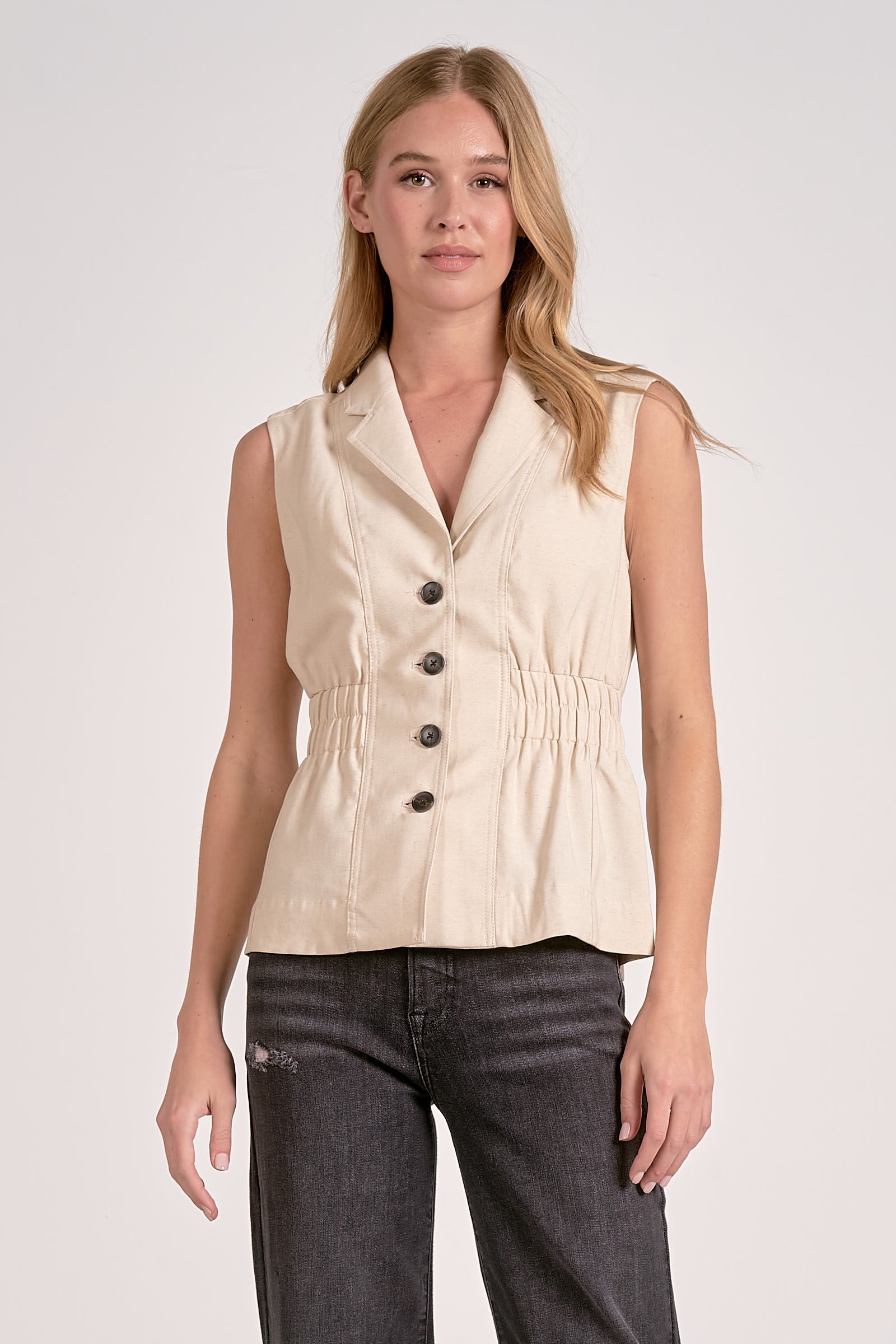 Natural linen blend vest with cinched waist and peplum, front view