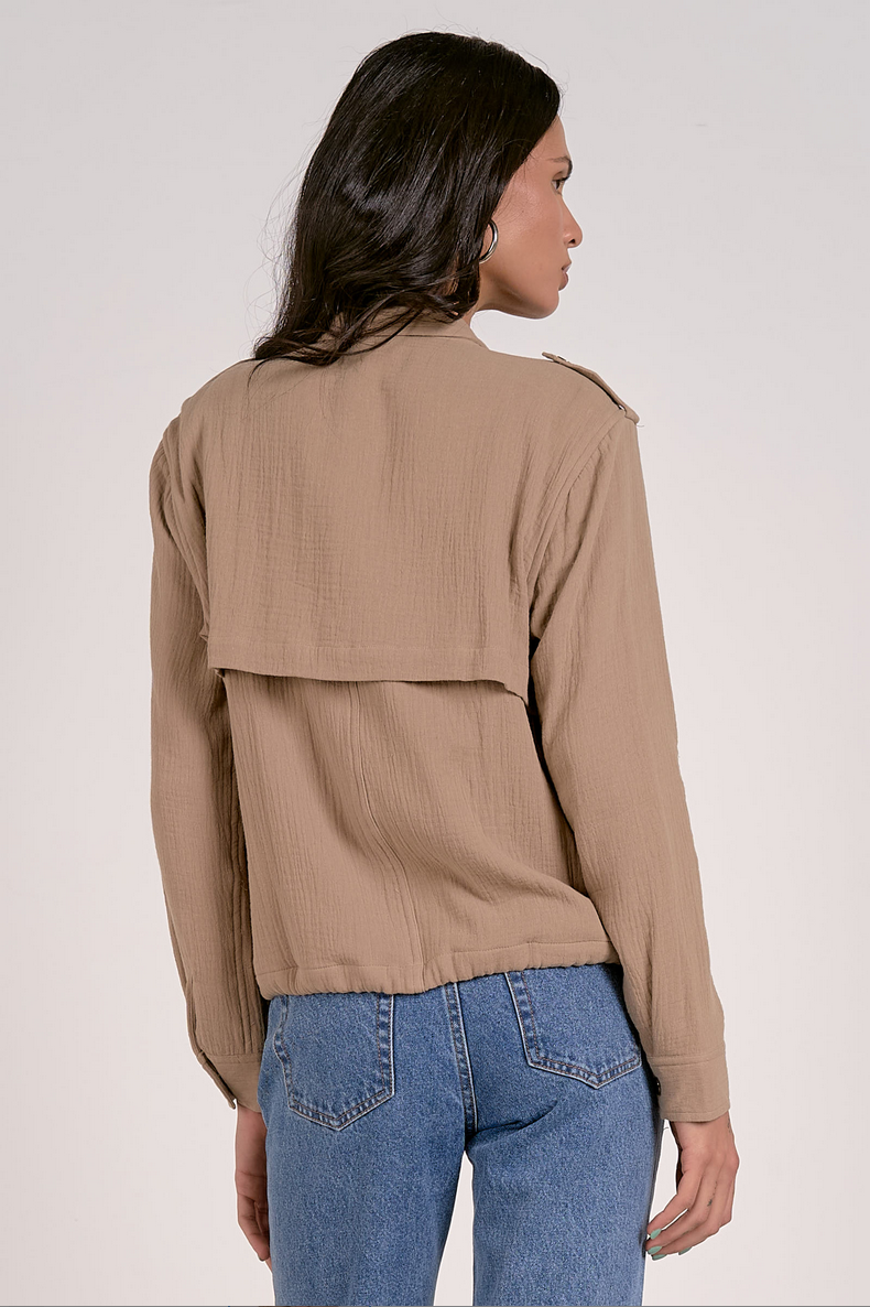 Khaki double gauze zip front jacket with drawstring waist on model