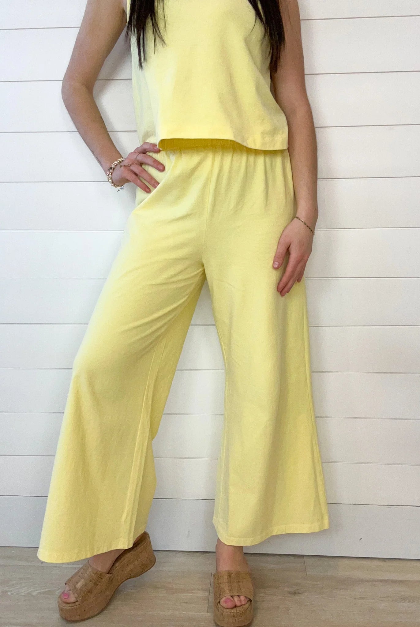 Front of Mac and Me cozy pant in sunshine yellow