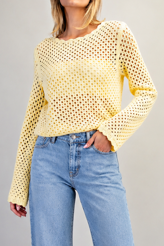 details shown on crochet open knit scalloped trim sweater paired with blue jeans